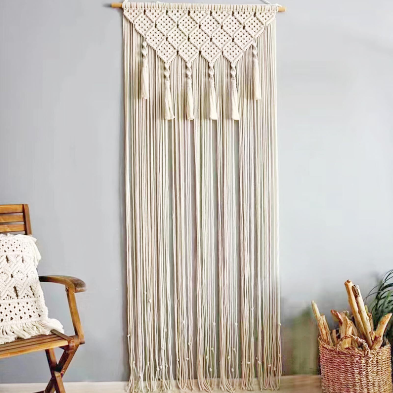 Makrama ścienna wisząca gobelin, ręcznie tkana makramowa zasłona drzwiowa bohemy gobelin, dekoracja pokoju boho, do dekoracji okien drzwi, 200 cm, 65 cm, bawełniany sznurek