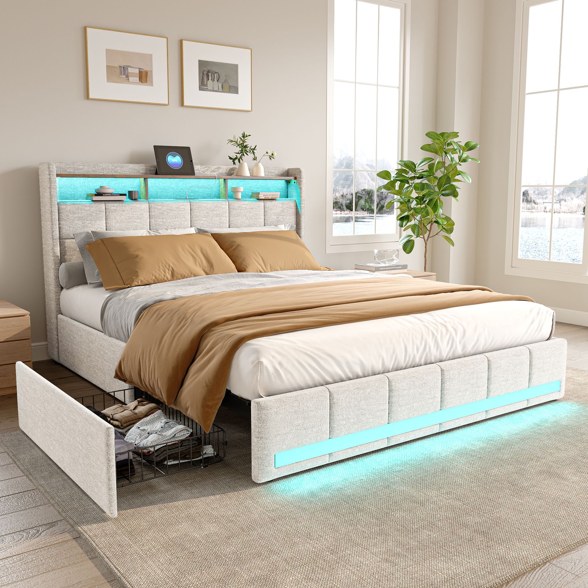 Łóżko tapicerowane 160x200cm z USB, łóżko młodzieżowe podwójne ze stelażem listwowym i 4 szufladami, łóżko do przechowywania z LED, pościel, beżowy