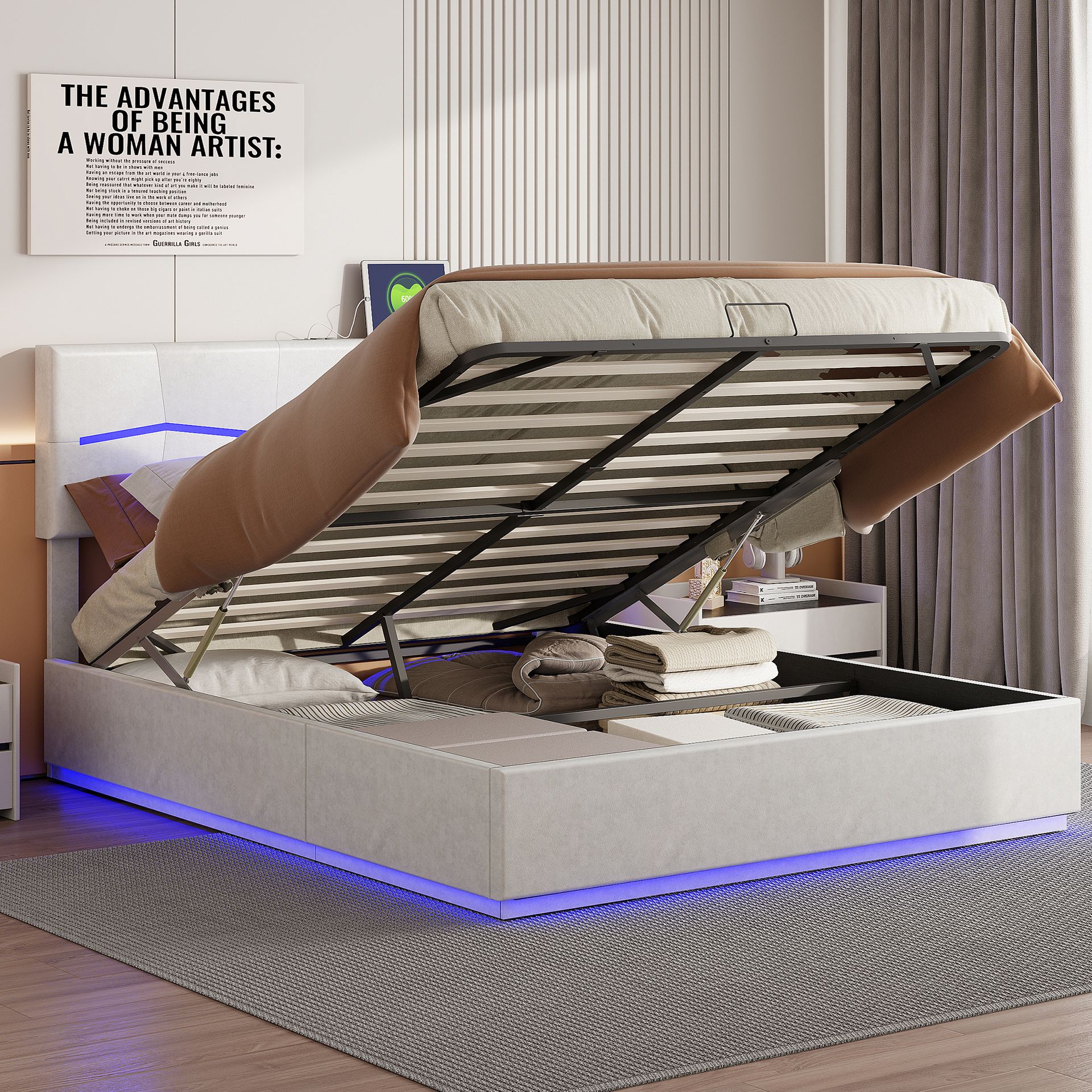 Łóżko tapicerowane Fortuna Lai 140x200cm z oświetleniem LED i złączem ładowania USB typu C, łóżko młodzieżowe na sprężynach skrzyniowych ze stelażem listwowym, łóżko podwójne z litego drewna, PU, beżowe