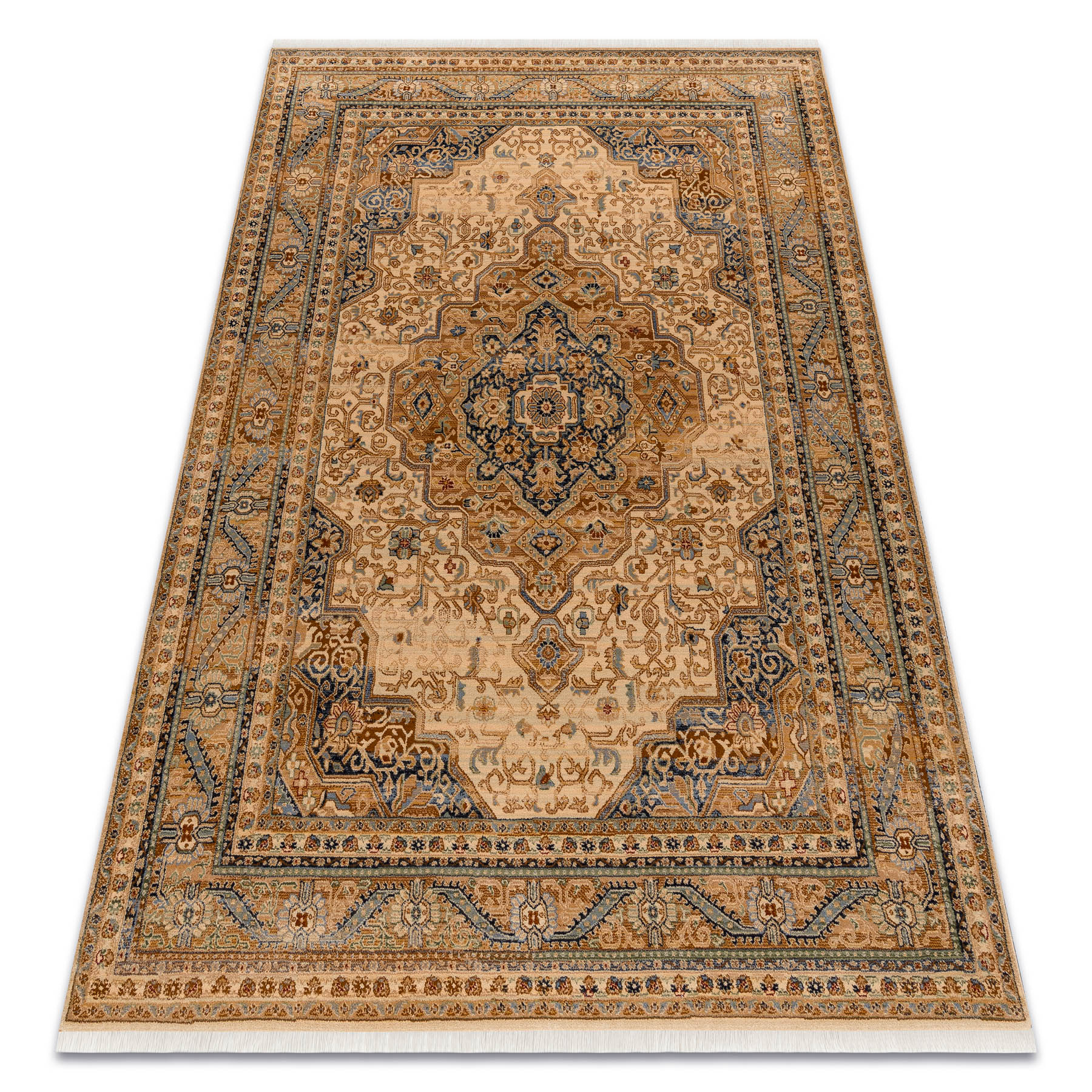 Dywan KESHAN Frędzle, Ornament, ramka orientalny 8995/53565 beż / niebieski beżowy 120x145 cm
