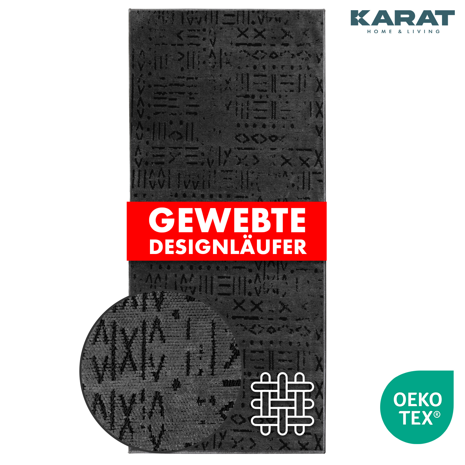 Bieżnik dywanowy Vena Wysokiej jakości żakardowy splot z antracytowym wzorem 80 x 250 cm