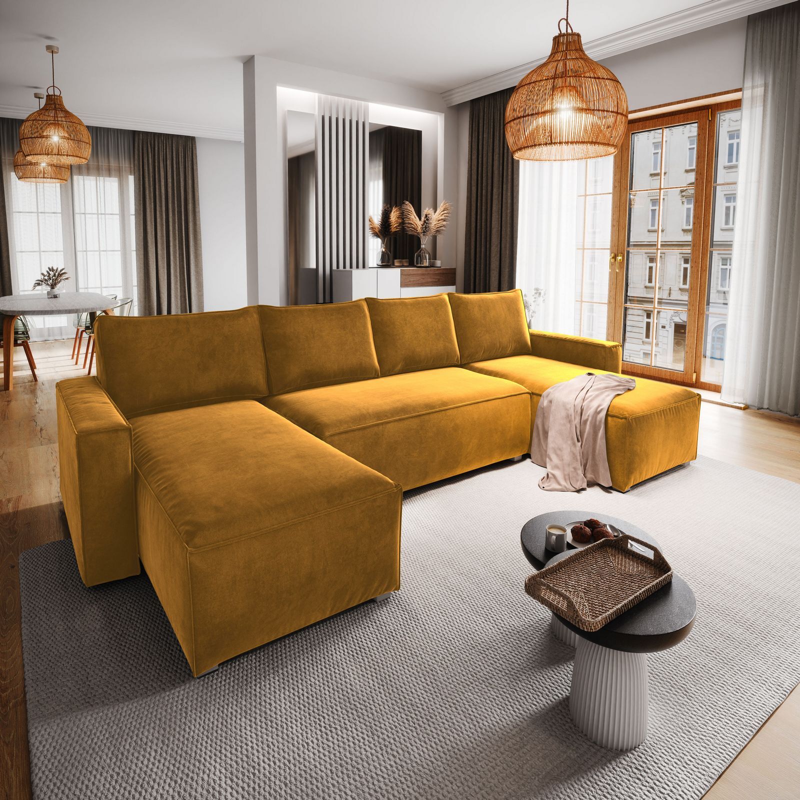 Masseno Narożnik DENI z funkcją spania i pojemnikiem na pościel Kształt U, Rozkładana sofa, Rogówka - Żółty, MONOLITH 48