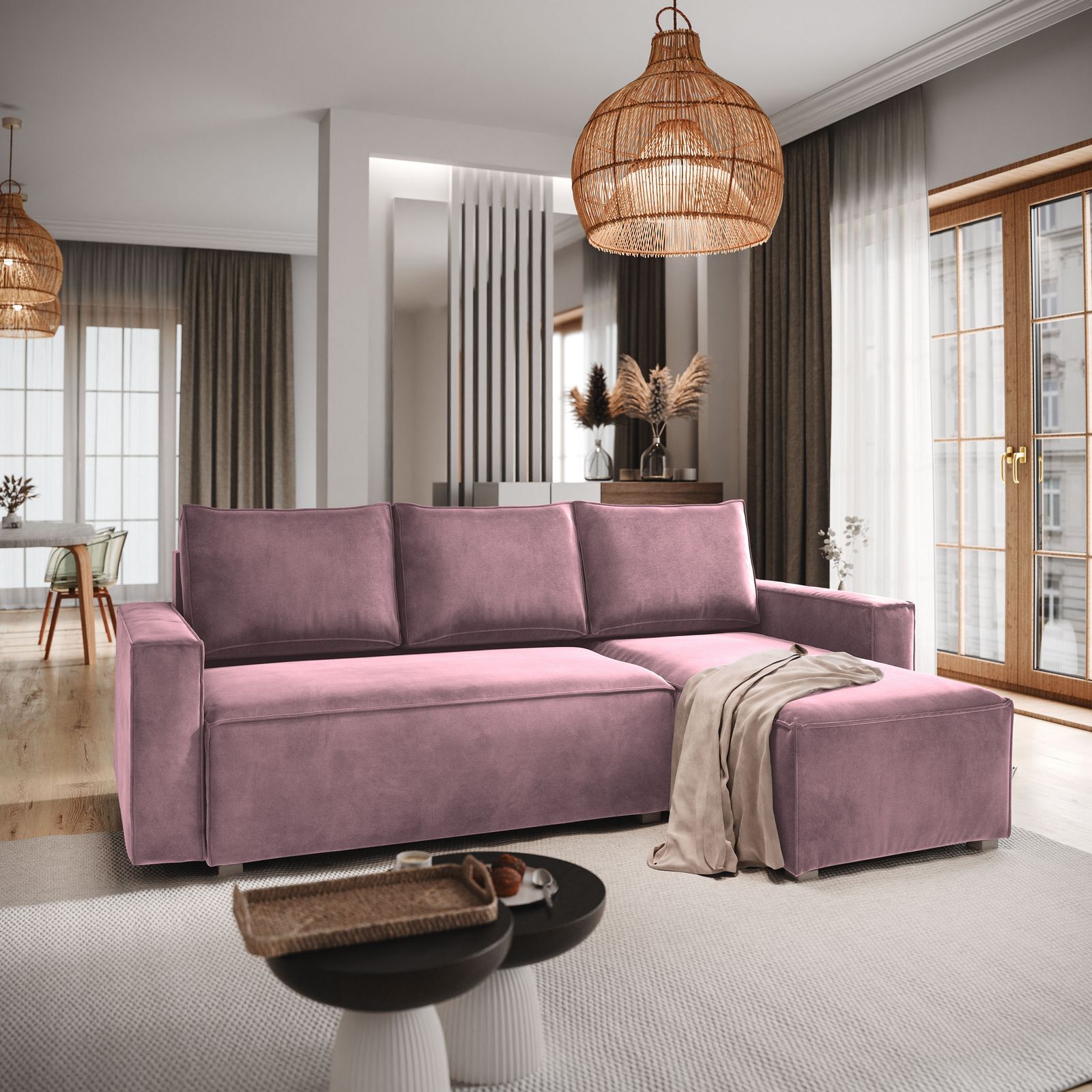 Masseno Narożnik SILES z funkcją spania i pojemnikiem na pościel Kształt L, Rozkładana sofa, Rogówka - Pudrowy róż, MONOLITH 62