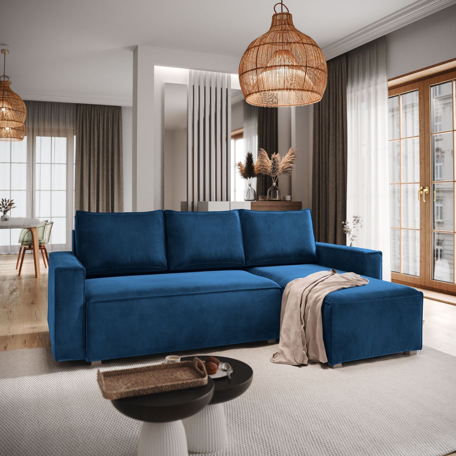 Masseno Narożnik SILES z funkcją spania i pojemnikiem na pościel Kształt L, Rozkładana sofa, Rogówka - Niebieski, MONOLITH 77