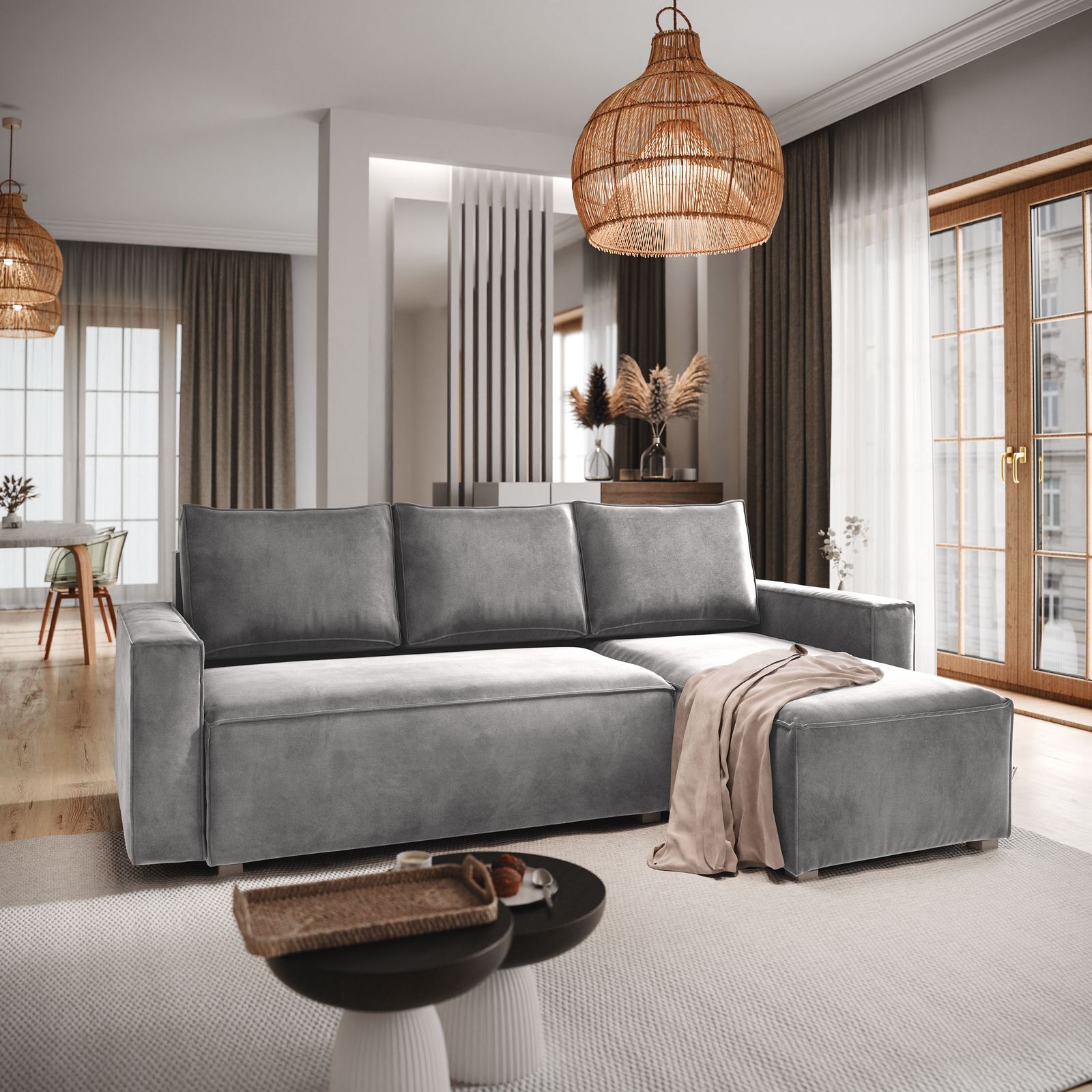 Masseno Narożnik SILES z funkcją spania i pojemnikiem na pościel Kształt L, Rozkładana sofa, Rogówka - Jasnoszary, MONOLITH 84