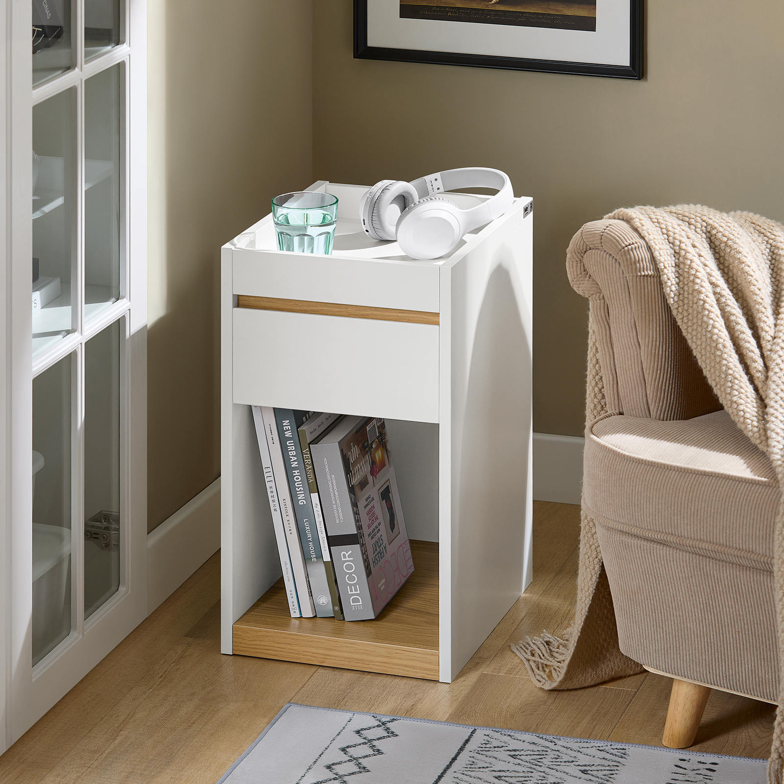 SoBuy FBT137-W Stolik nocny Łóżko na sprężynach Sofa Stolik nocny Komoda Stolik boczny wąski Stolik telefoniczny Szafka nocna Biały WHT ok. 30x55x35cm