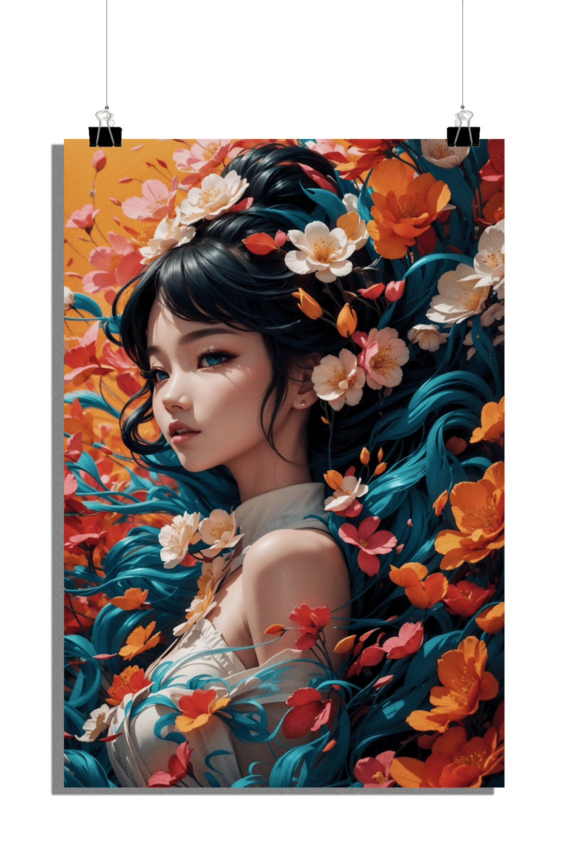 Plakat Kobieta - Plakat Orientalny - Plakat Anime - Stylowy Plakat - Plakat Pole Kwiatów - 61x91cm - Idealny do oprawienia w ramkę