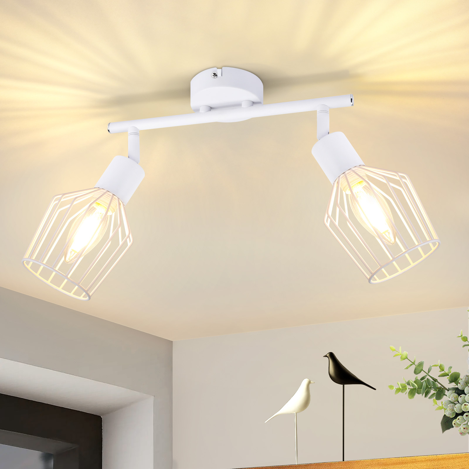 ZMH lampa sufitowa 2 płomienna reflektor sufitowy obrotowy reflektor sufitowy biały metal E14 vintage reflektor wewnętrzny obrotowy 350° lampa ścienna korytarz korytarz salon