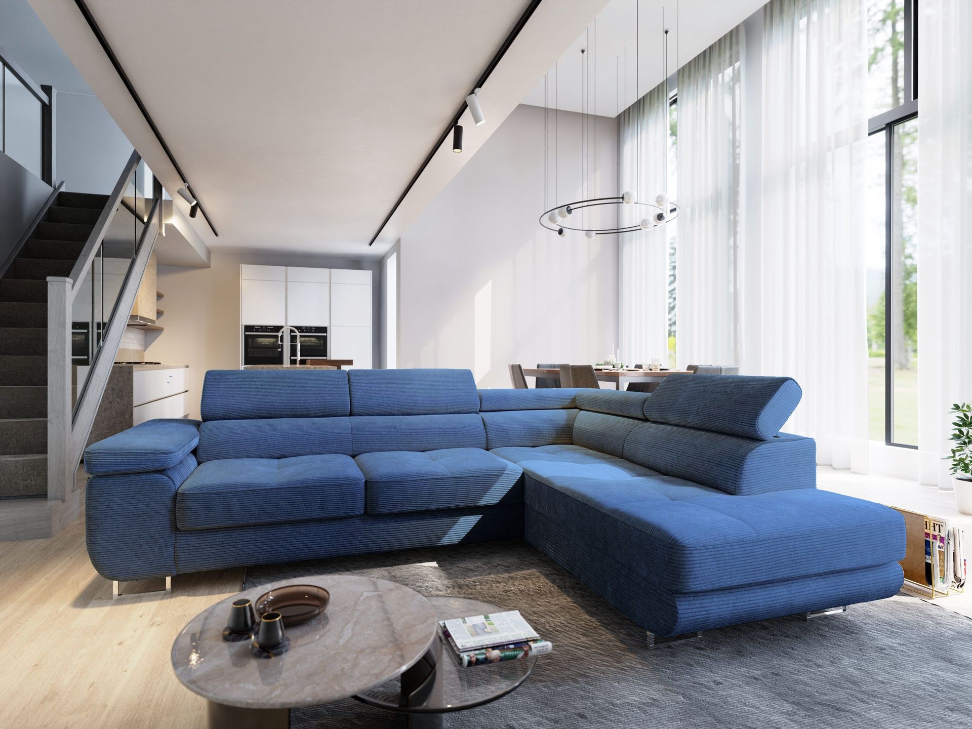 Masseno Narożnik APIRO R-S z funkcją spania i pojemnikiem na pościel Kształt L, Rozkładana sofa, Rogówka - Niebieski, POSO 05