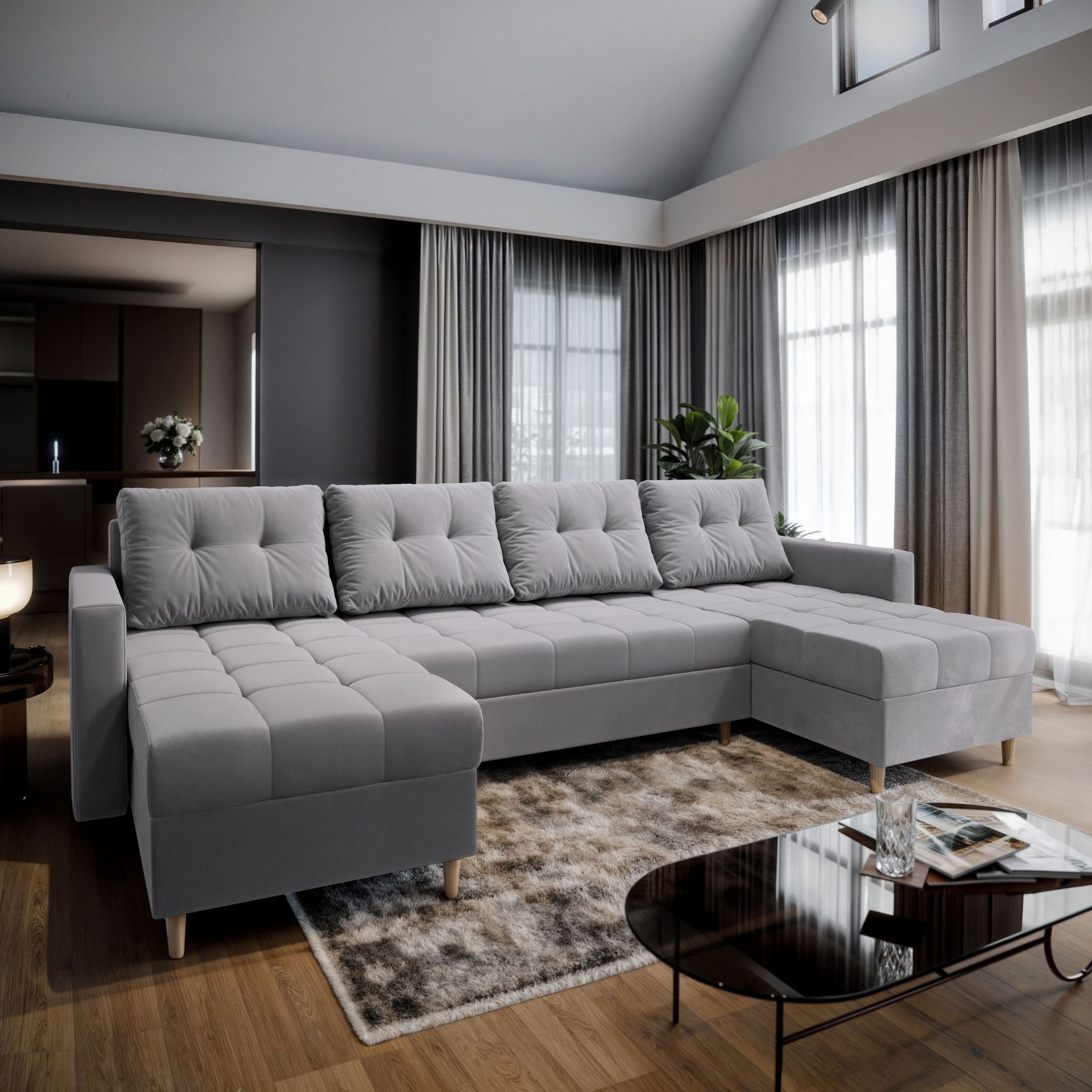 Masseno Narożnik MILO U z funkcją spania i pojemnikiem na pościel Kształt U, Rozkładana sofa, Rogówka - Jasnoszary, PAROS 05