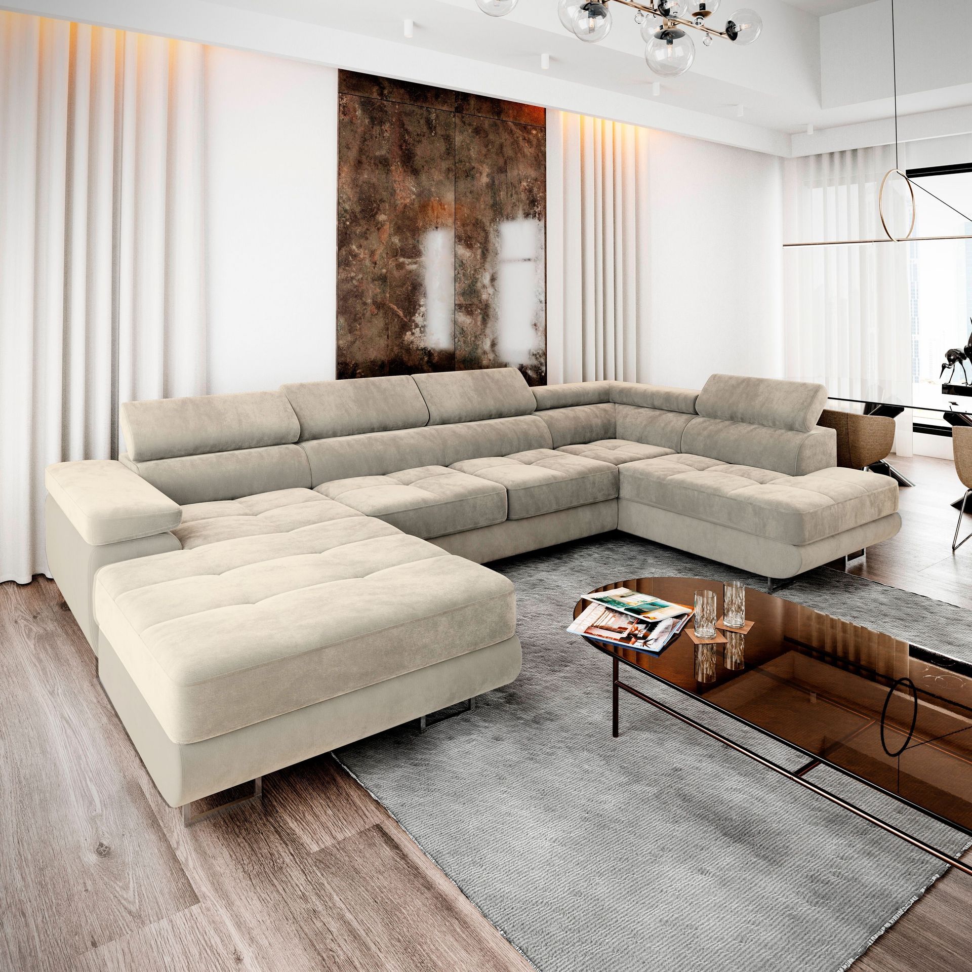 Masseno Narożnik CASONE R-S z funkcją spania i pojemnikiem na pościel Kształt U, Rozkładana sofa, Rogówka - Kremowy, MONOLITH 04