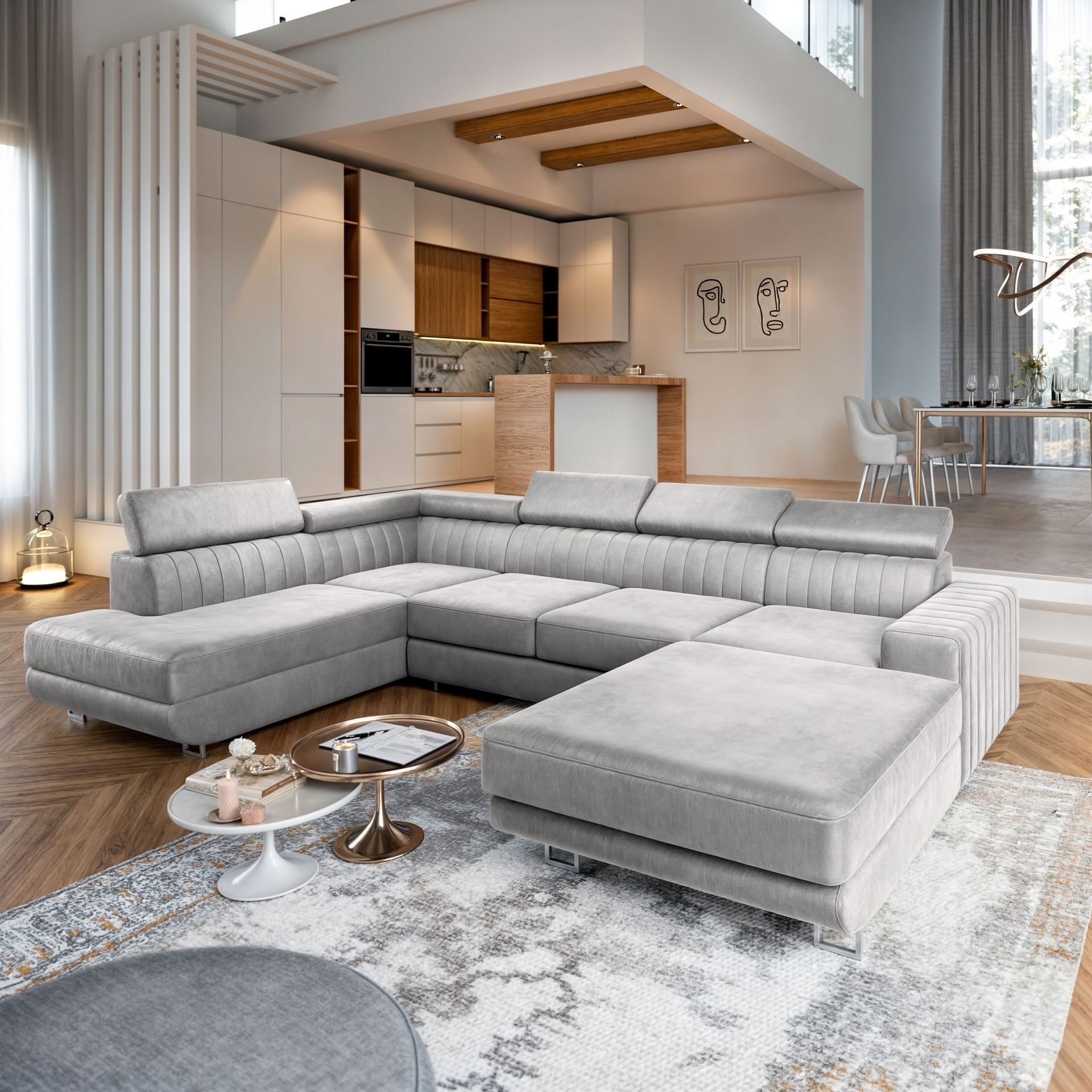Masseno Narożnik SIENA L-S z funkcją spania i pojemnikiem na pościel Kształt U, Rozkładana sofa, Rogówka - Jasnoszary, MONOLITH 84