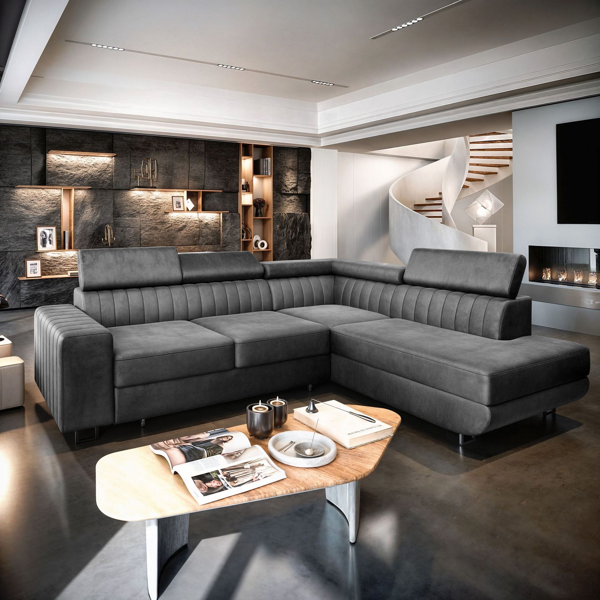 Masseno Narożnik NOLA R-S z funkcją spania i pojemnikiem na pościel Kształt L, Rozkładana sofa, Rogówka - Szary, MONOLITH 85
