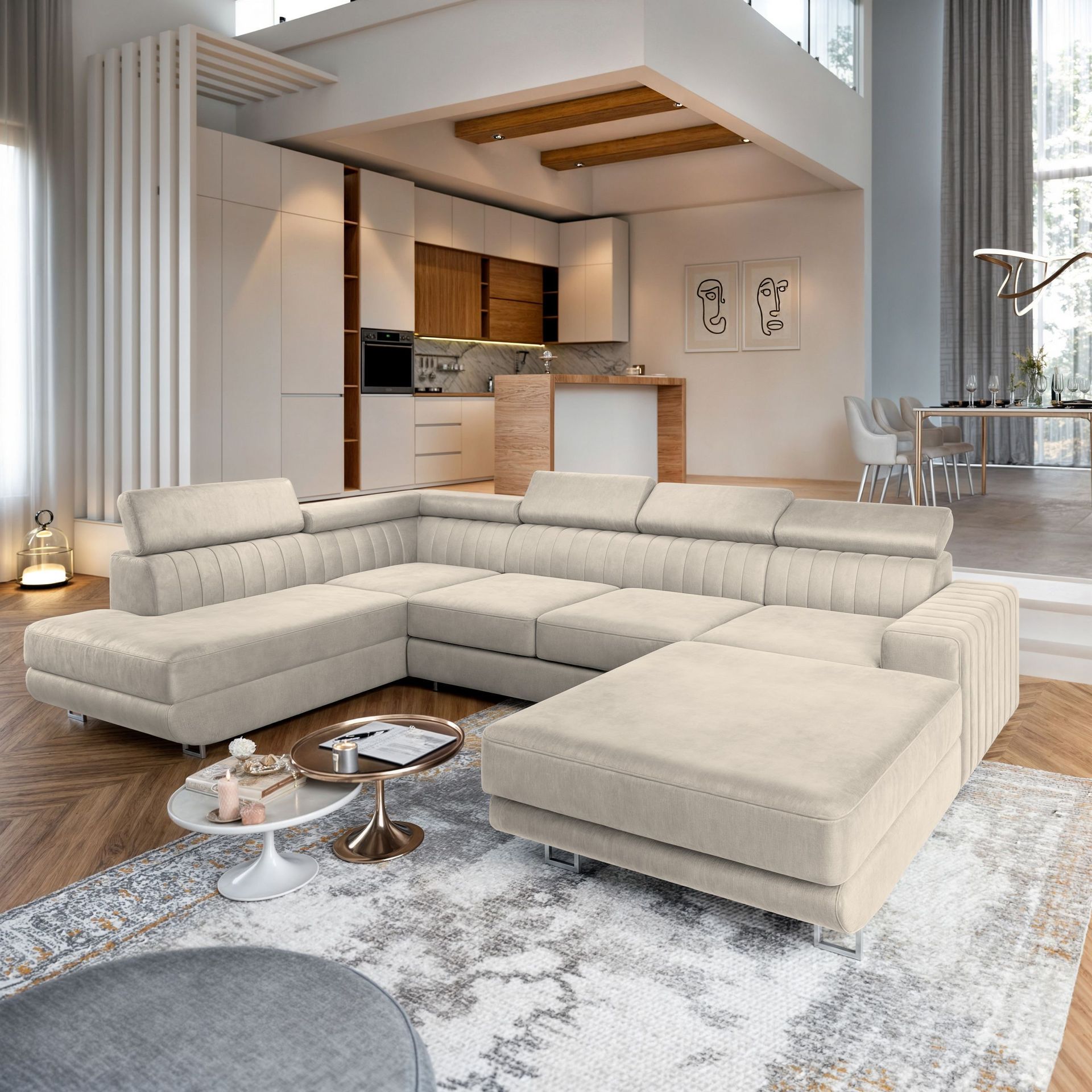 Masseno Narożnik SIENA R-S z funkcją spania i pojemnikiem na pościel Kształt U, Rozkładana sofa, Rogówka - Kremowy, MONOLITH 04