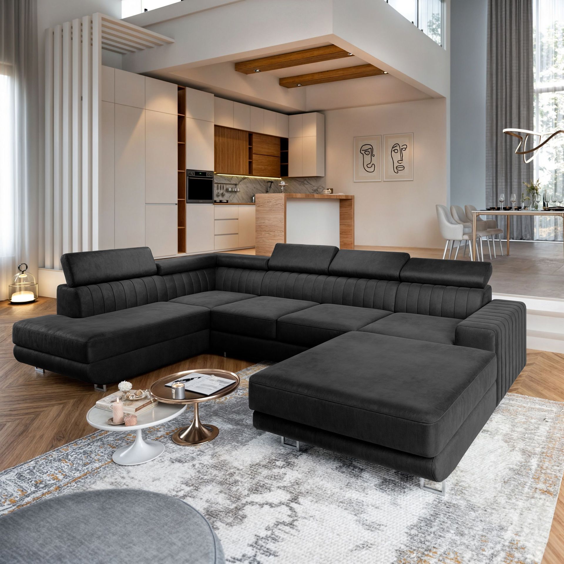 Masseno Narożnik SIENA L-S z funkcją spania i pojemnikiem na pościel Kształt U, Rozkładana sofa, Rogówka - Czarny, MONOLITH 95
