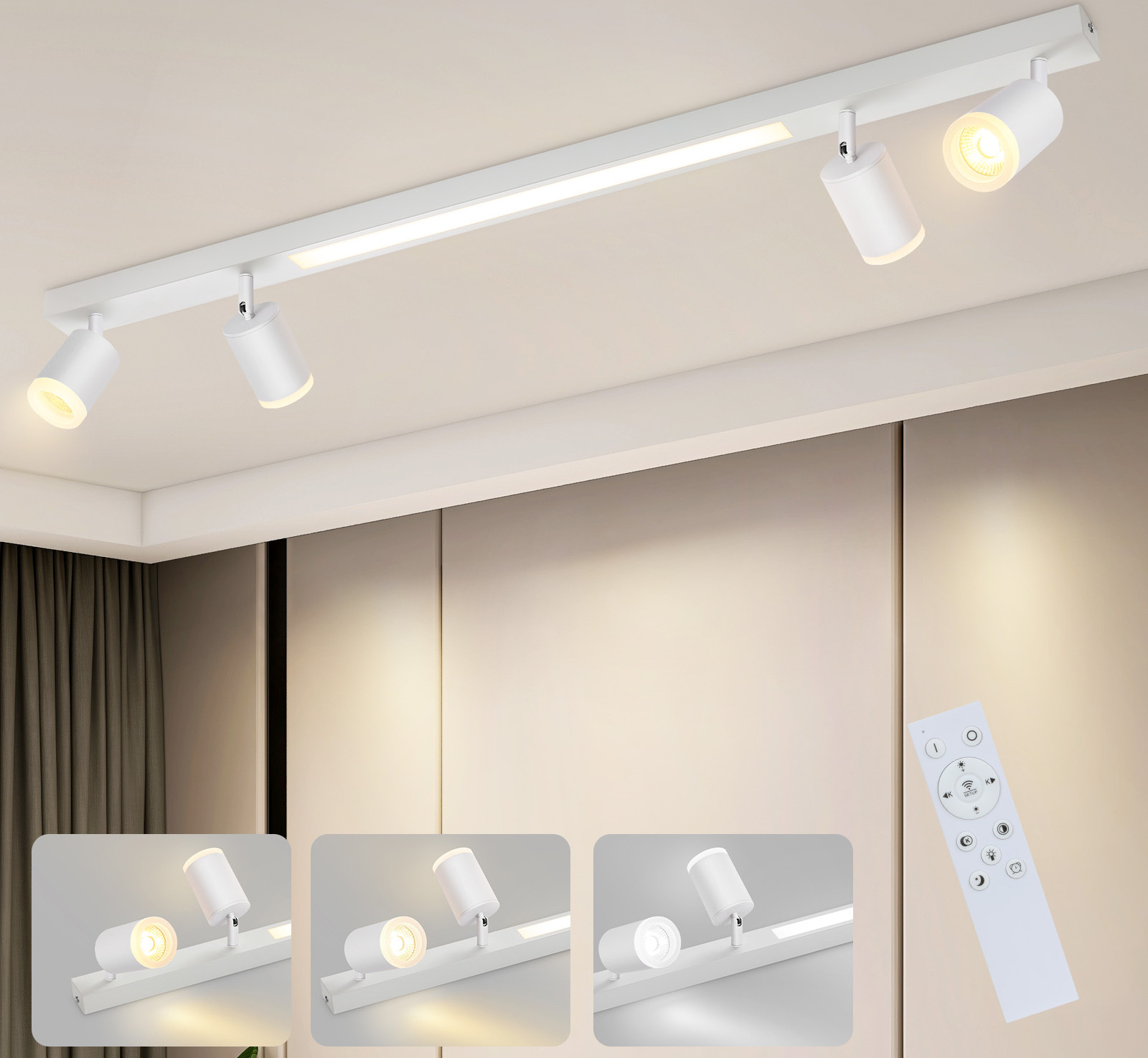 ZMH lampa sufitowa biała 4 płomienie reflektor sufitowy ściemnialna lampa sufitowa z pilotem obrotowa 350° nowoczesna do salonu kuchni