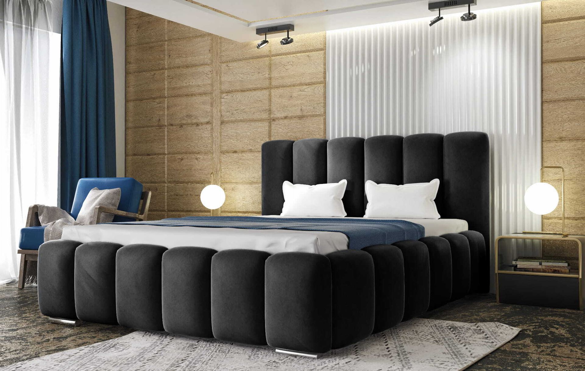 Łóżko tapicerowane AGMAT BALI z wezgłowiem, 140 x 200 cm, łóżko podwójne z podstawą łóżka i metalową ramą z listew, tkanina welurowa: ciemnoszary