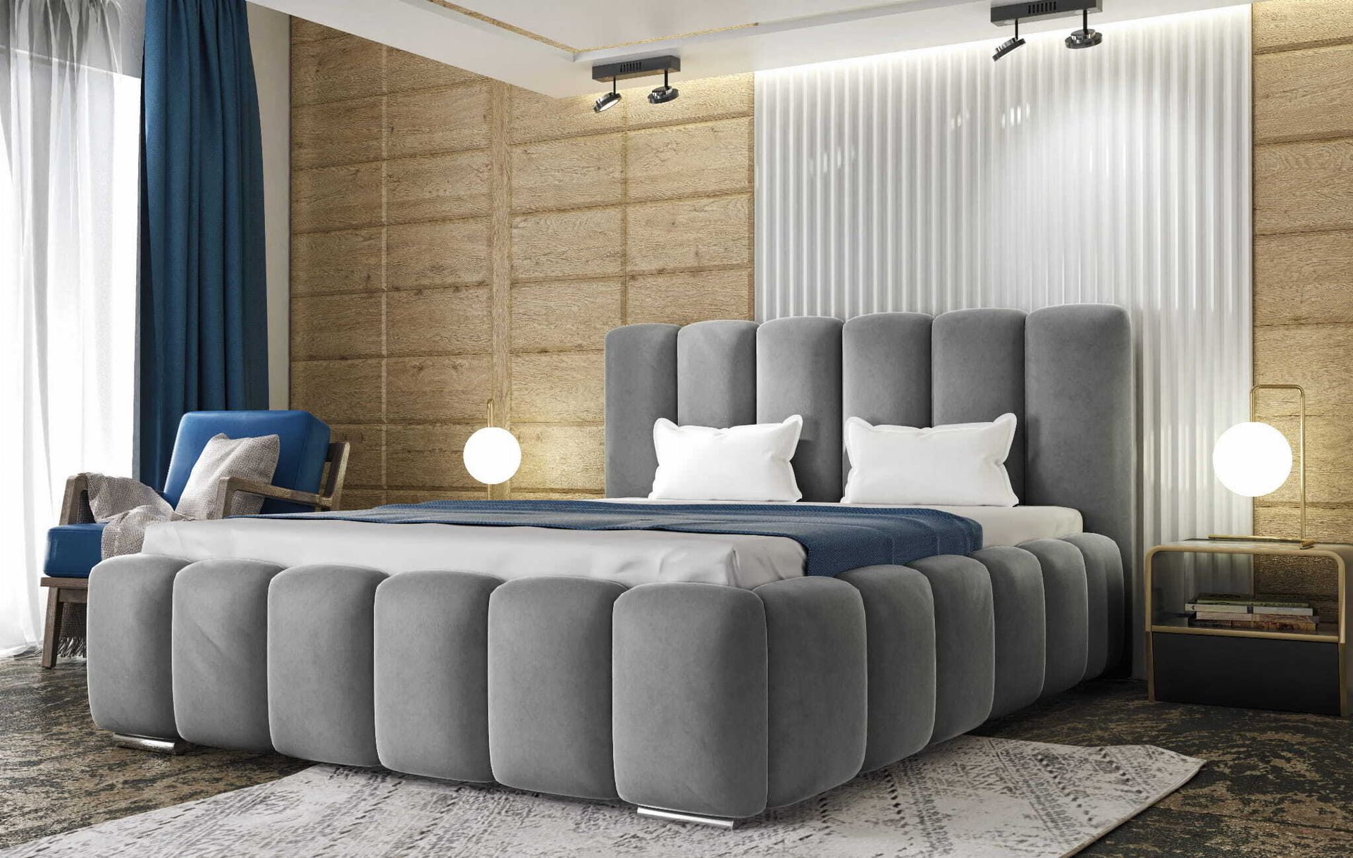 Łóżko tapicerowane AGMAT BALI z wezgłowiem, 160 x 200 cm, łóżko podwójne z podstawą łóżka i metalową ramą z listew, tkanina welurowa: szary