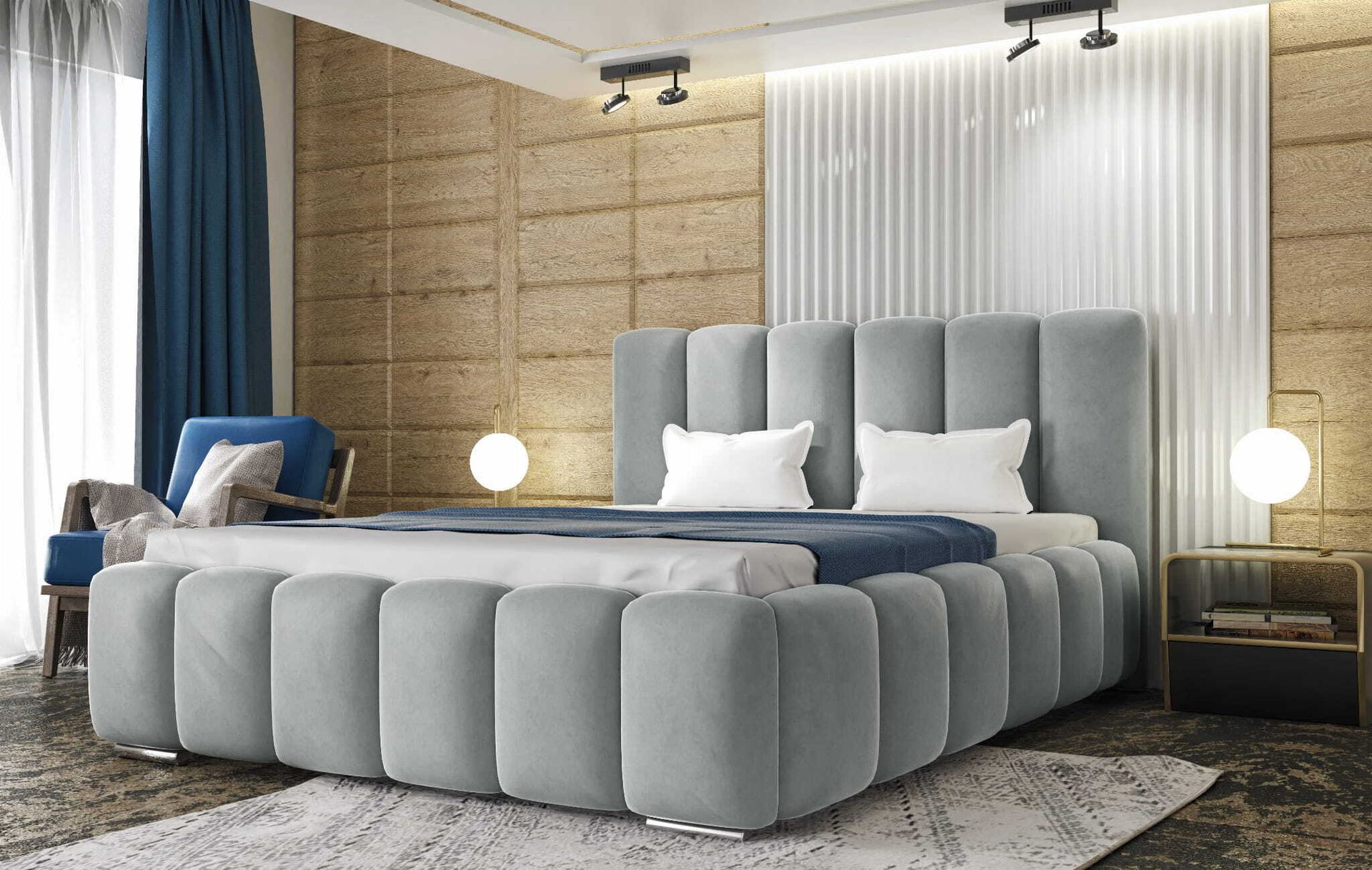 Łóżko tapicerowane AGMAT BALI z wezgłowiem, 180 x 200 cm, łóżko podwójne z podstawą łóżka i metalową ramą z listew, tkanina welurowa: jasnoszary