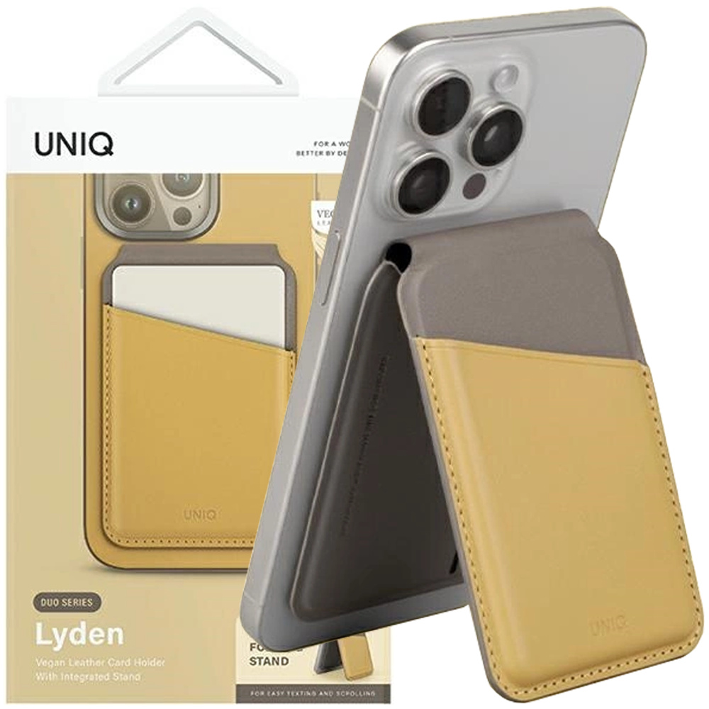 Portfel UNIQ Lyden DS magnetyczny RFID ze stojakiem na telefon - żółto-szary
