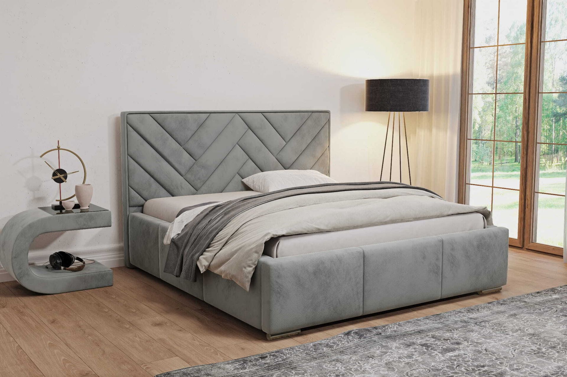 Łóżko tapicerowane AGMAT VENUS z wezgłowiem, 160 x 200 cm, łóżko podwójne z podstawą łóżka i metalową ramą z listew, tkanina welurowa: jasnoszary
