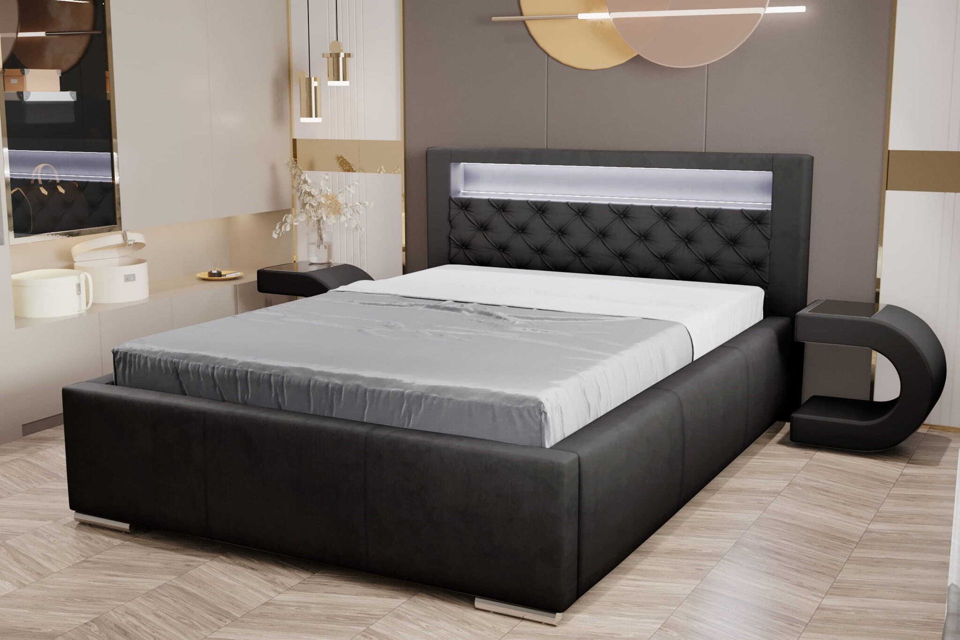 Łóżko tapicerowane AGMAT TUNIS z wezgłowiem, 200 x 200 cm, łóżko podwójne z podstawą łóżka i metalową ramą z listew, tkanina welurowa: czarna