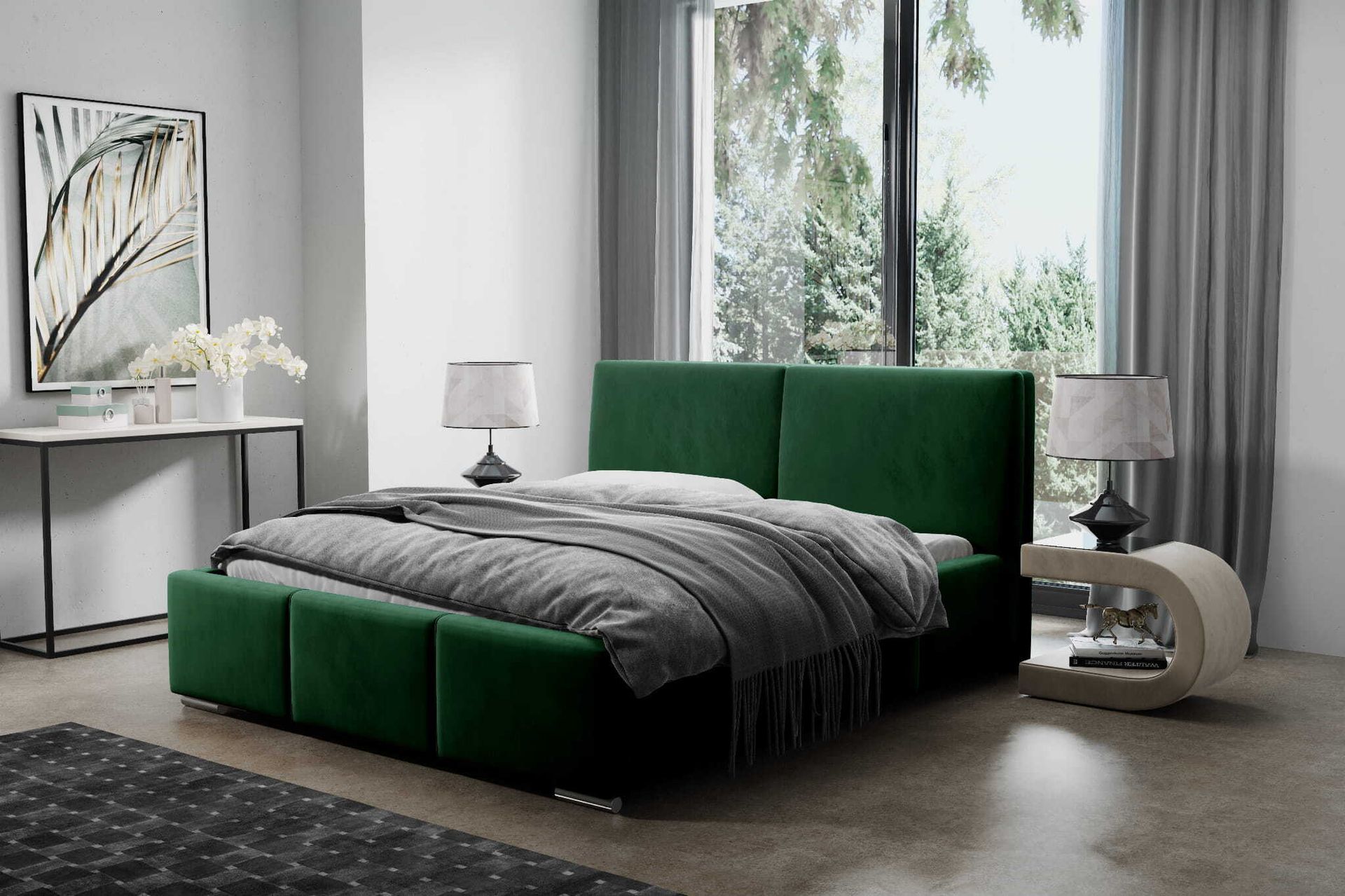 Łóżko tapicerowane AGMAT FIGO z wezgłowiem, 160 x 200 cm, łóżko podwójne z podstawą łóżka i stelażem z metalowych listew, tkanina welurowa: zielony
