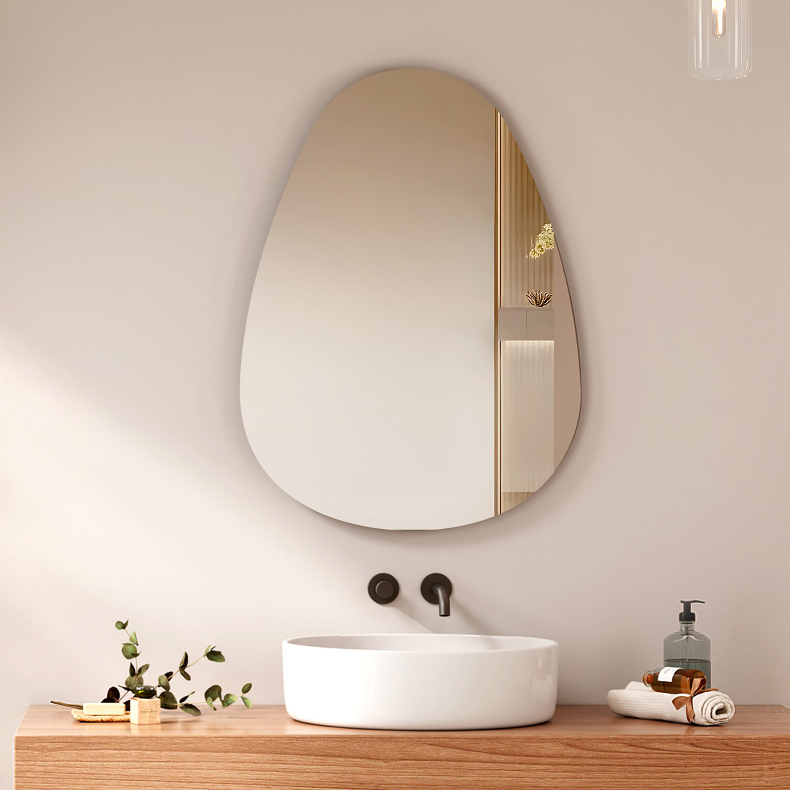 EMKE Lustro asymetryczne 80 x 60 cm, asymetryczne lustro łazienkowe, nowoczesne lustro owalne, lustro ścienne do łazienki, sypialni, przedpokoju