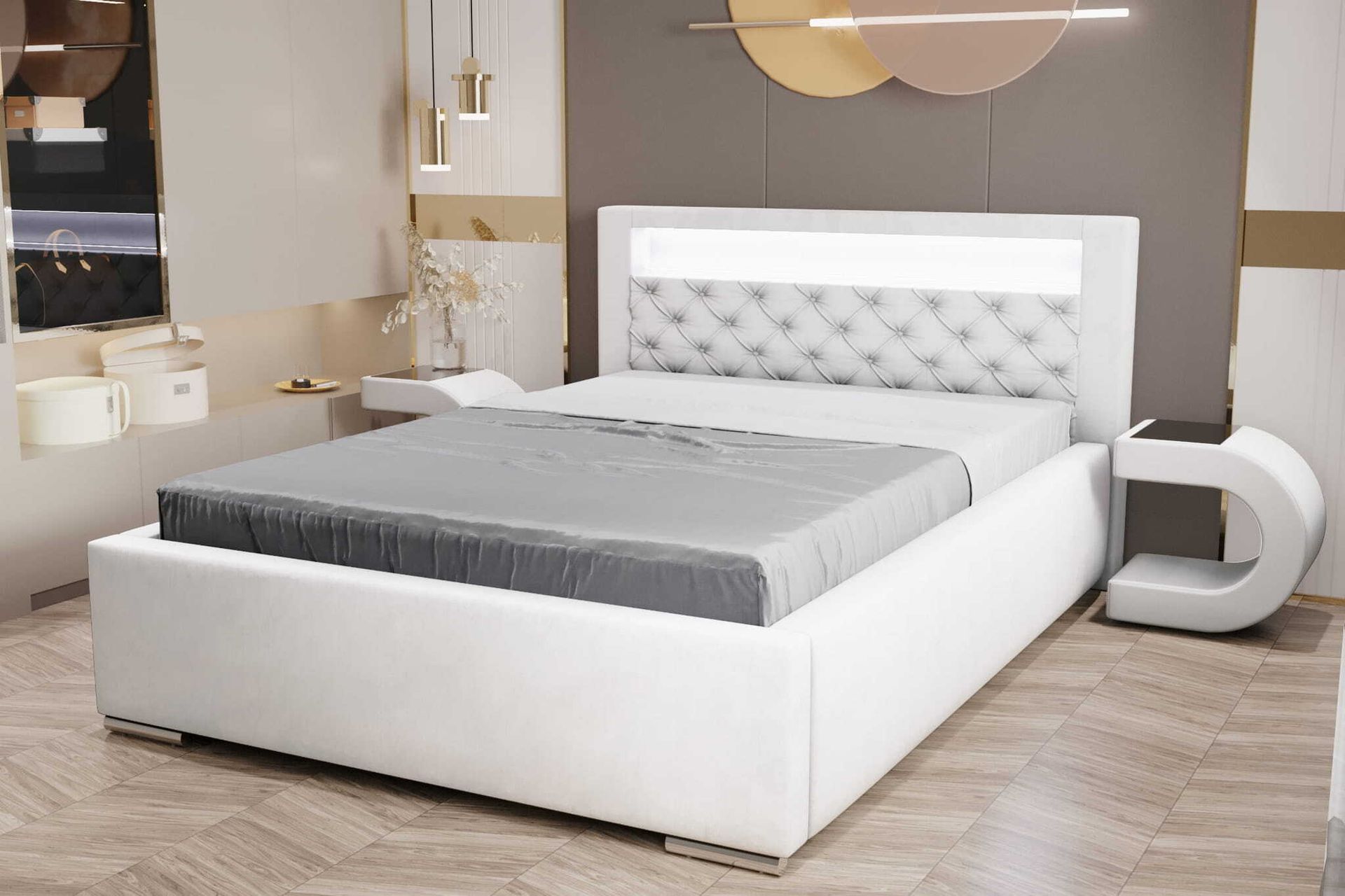 Łóżko tapicerowane AGMAT TUNIS z wezgłowiem, 160 x 200 cm, łóżko podwójne z podstawą łóżka i stelażem z metalowych listew, tkanina welurowa: biały