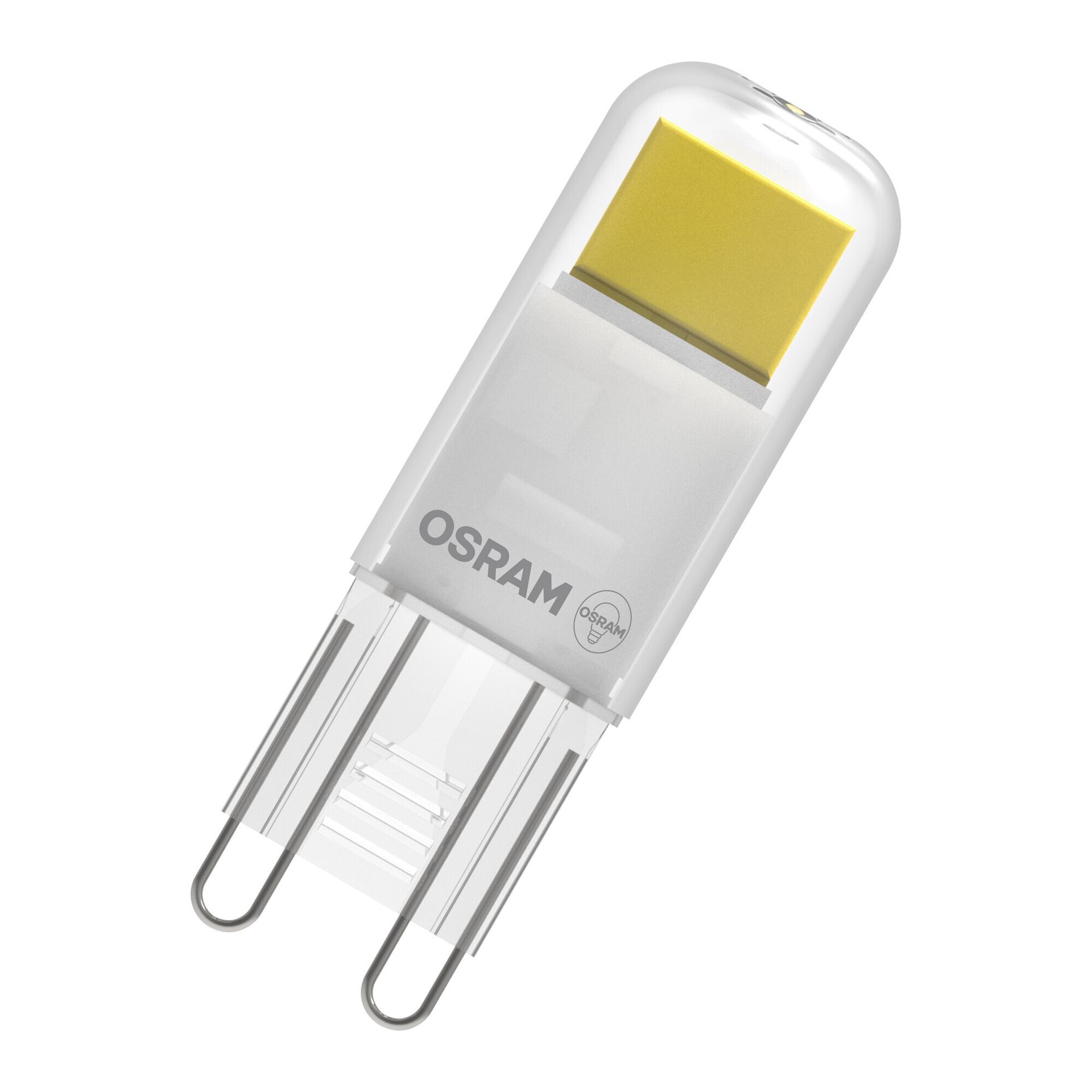 Żarówka LED PIN firmy OSRAM wykonana z przezroczystego szkła, o mocy 1,8 W i strumieniu świetlnym 200 lm, ciepłobiałe światło o temperaturze 2700 K, wielokolorowa, retrofitowa wtykowa podstawa G9, CRI 80, EEK E, średnica 15 mm.