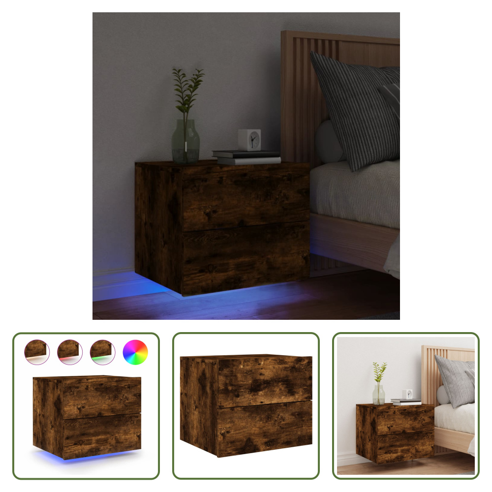 The Living Store Szafka nocna naścienna z oświetleniem LED w kolorze wędzonego dębu