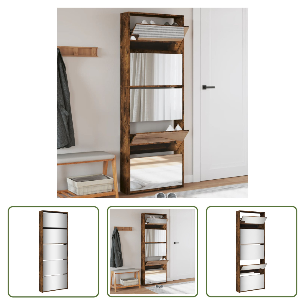 The Living Store Szafka na buty z lustrem 5 przegródek dąb wędzony 63x17x169,5 cm