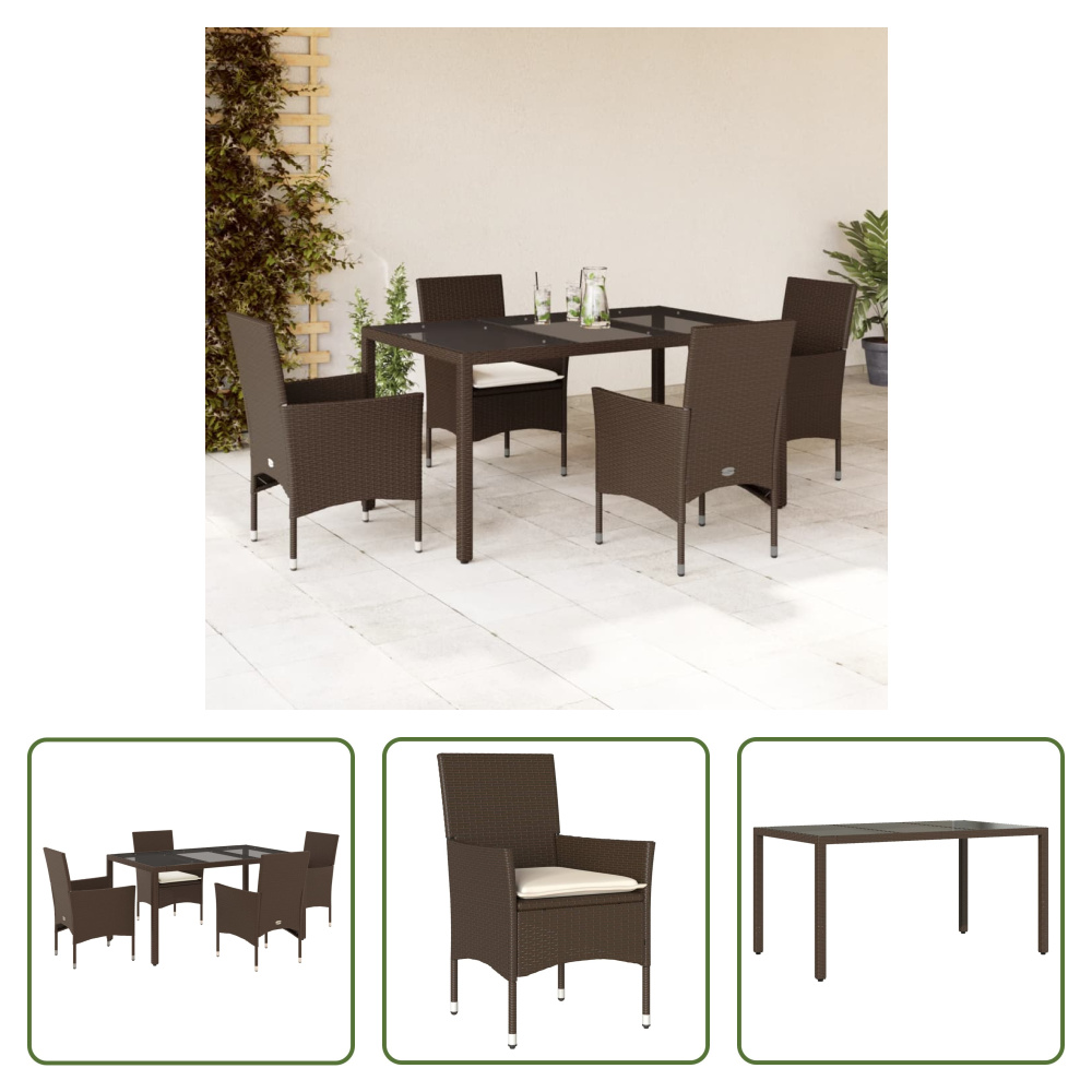 The Living Store 5-częściowy ogrodowy zestaw jadalniany z poduszkami brązowy polirattan szkło