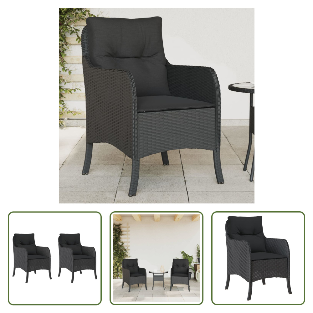 The Living Store Krzesła ogrodowe z poduszką 2 szt. czarny polirattan