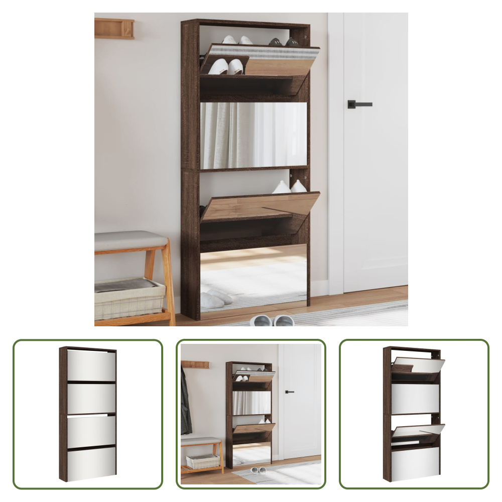 The Living Store Szafka na buty z lustrem 4 przegrody Brązowy dąb 63x17x134cm