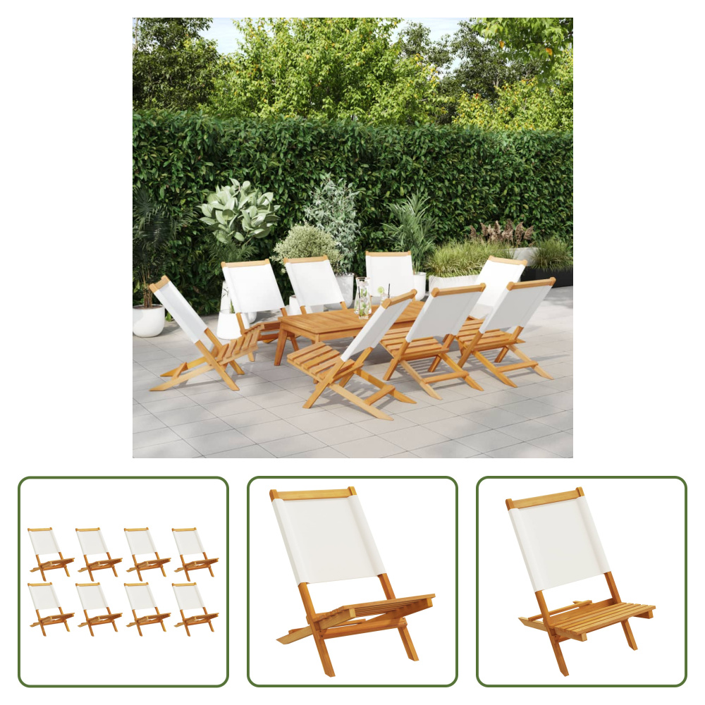 The Living Store Krzesła ogrodowe 8 szt. Składane kremowo-biała tkanina i lite drewno