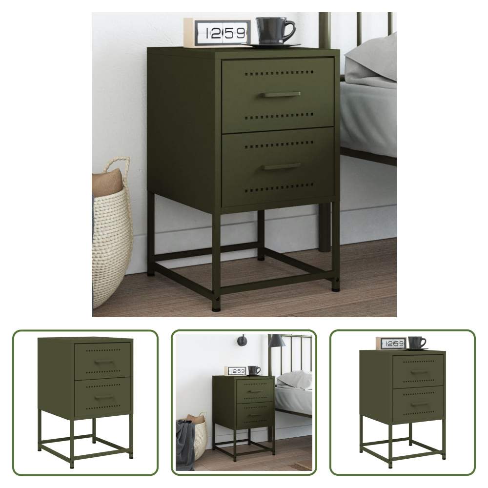 The Living Store szafka nocna oliwkowa zieleń 36x39x60,5 cm stal