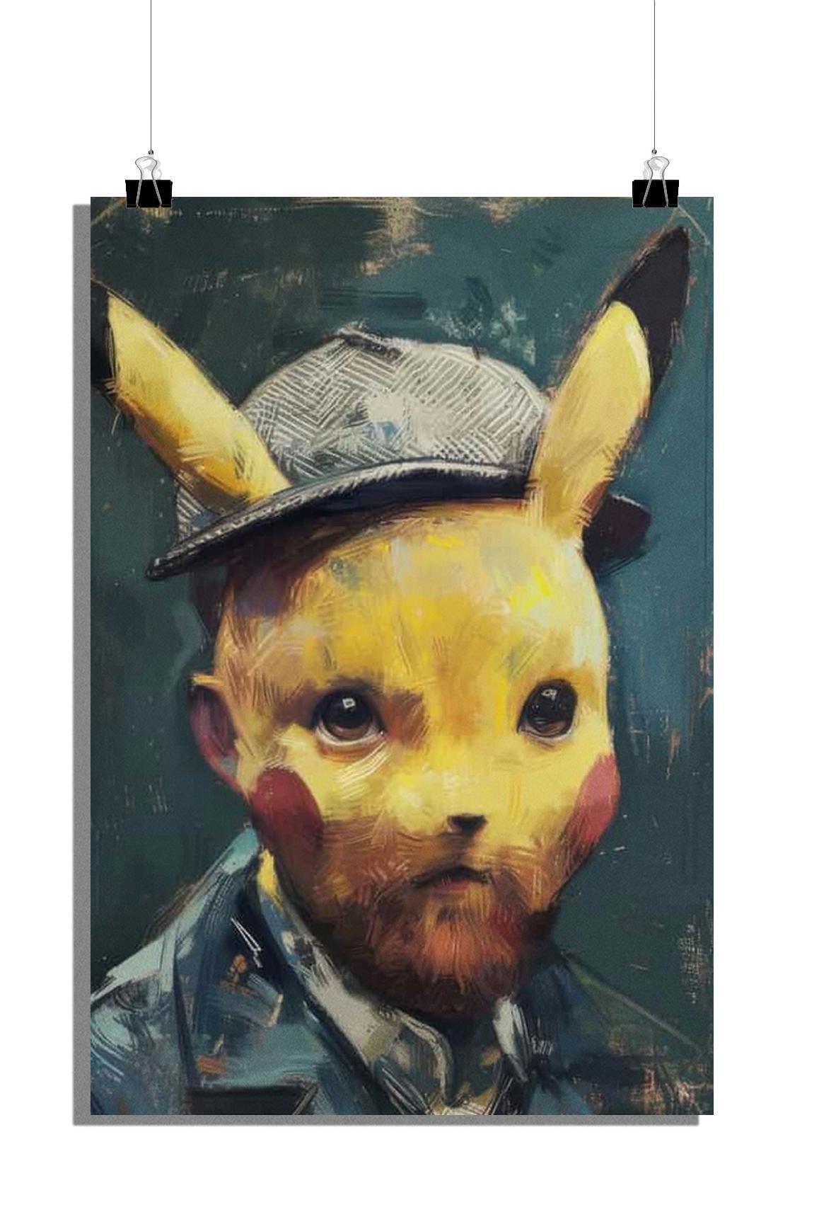 Plakat Pikachu - Plakat Pokemon - Plakat z brodą - Plakat Vincent van Gogh - Plakat artystyczny - Plakat malarski - 51x71cm - Idealny do oprawienia w ramę