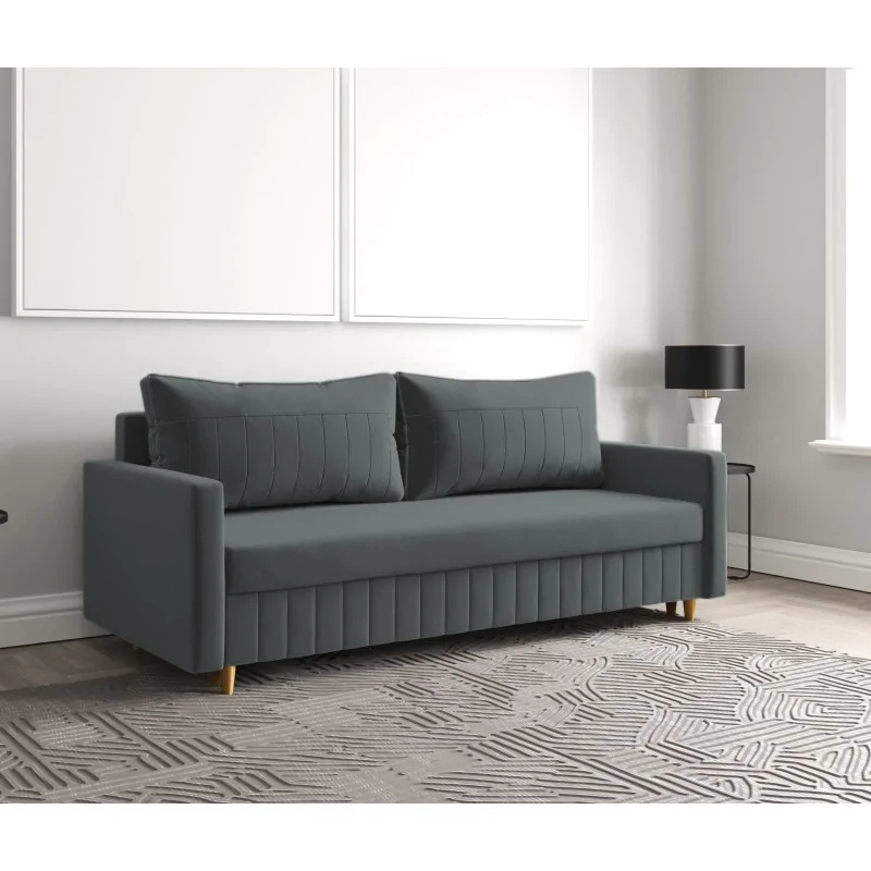 Sofa rozkładana MARO, sofa z funkcją spania i pojemnikiem na pościel, sofa rozkładana, sofa na nóżkach z naturalnego drewna, tkanina welurowa, kanapa w kolorze: ciemnoszary