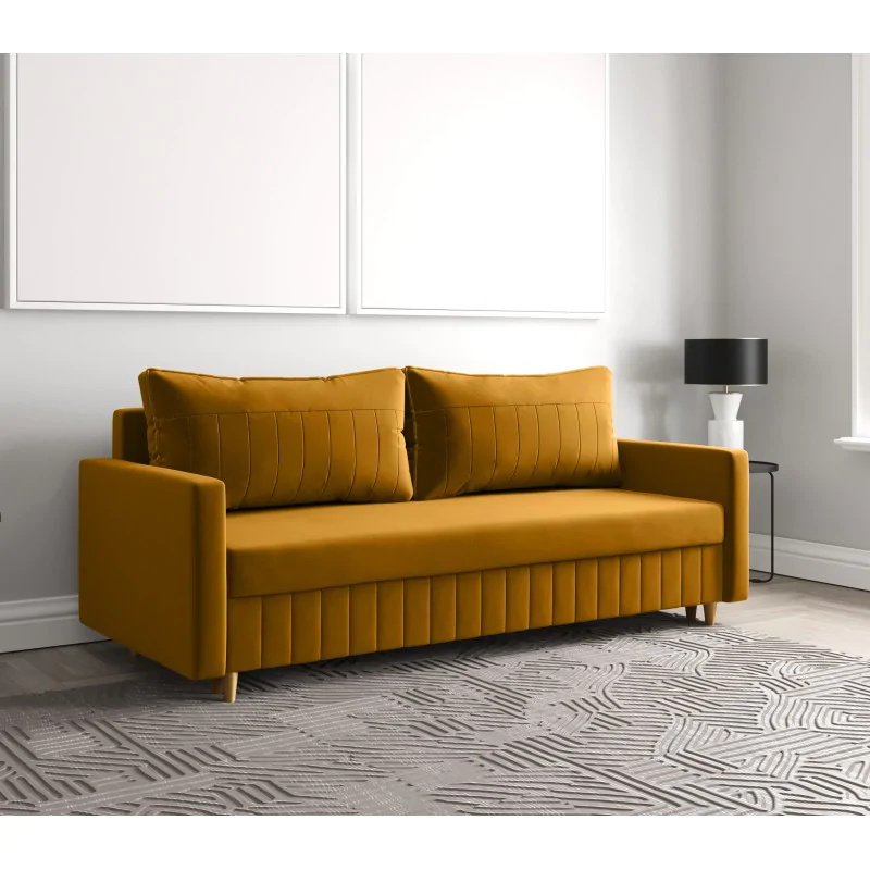 Sofa rozkładana MARO, sofa z funkcją spania i pojemnikiem na pościel, sofa rozkładana, sofa na nóżkach z naturalnego drewna, tkanina welurowa, kanapa w kolorze: żółtym