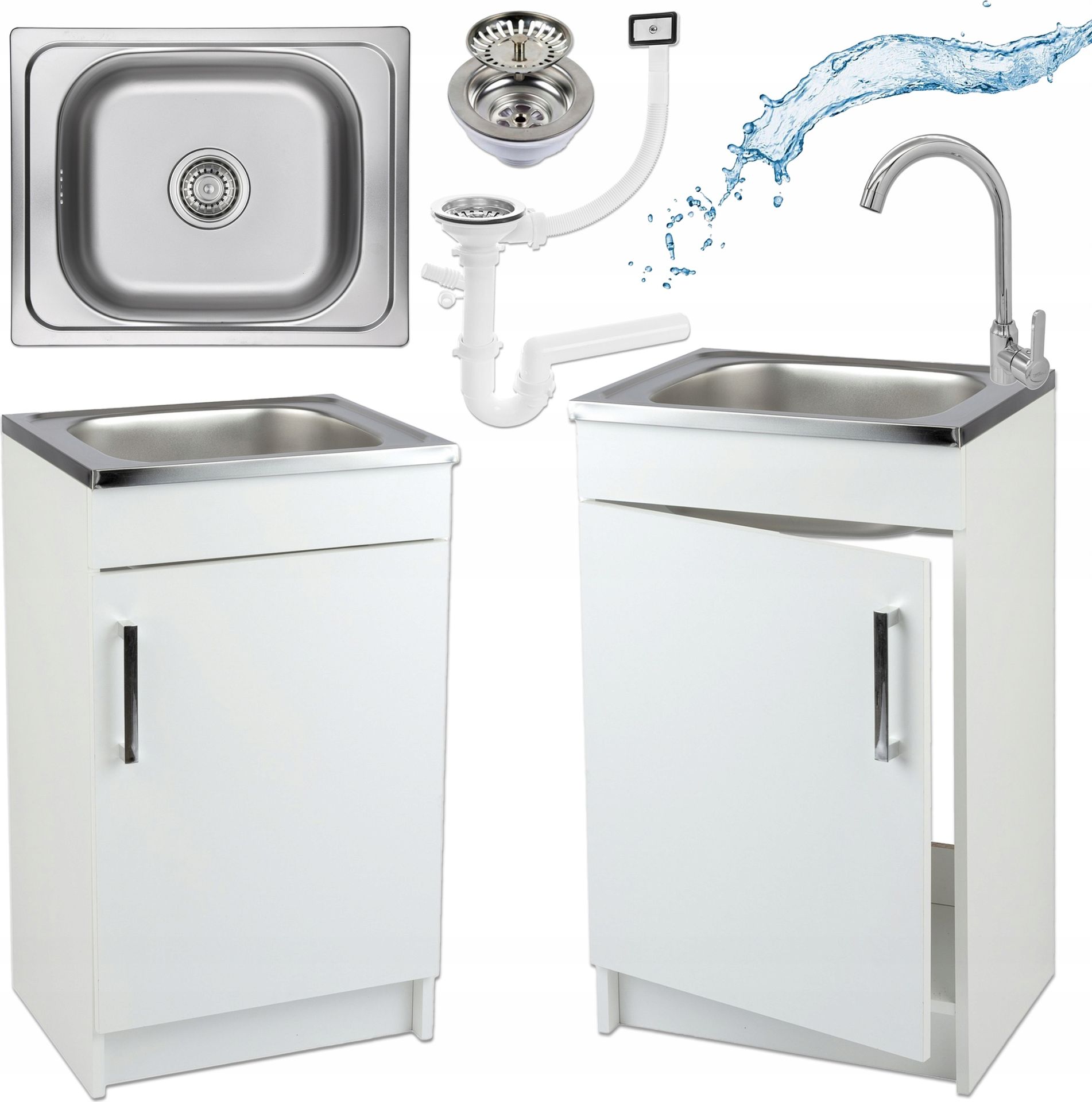 Szafka Kuchenna Biała + Zlewozmywak 50 x 40 + Bateria Chrom Wysoka + Syfon