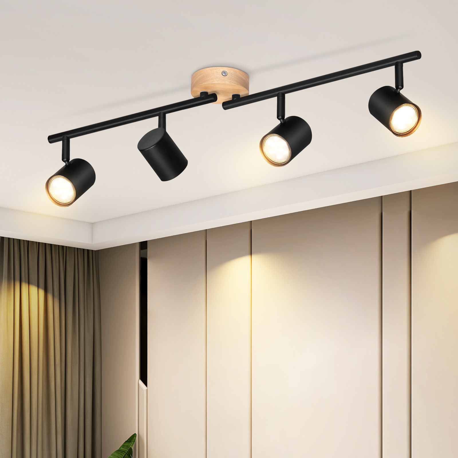 ZMH LED reflektor sufitowy 4 płomienie lampa sufitowa drewno GU10 reflektor obrotowy lampa do salonu vintage czarny do salonu kuchnia bez żarówek