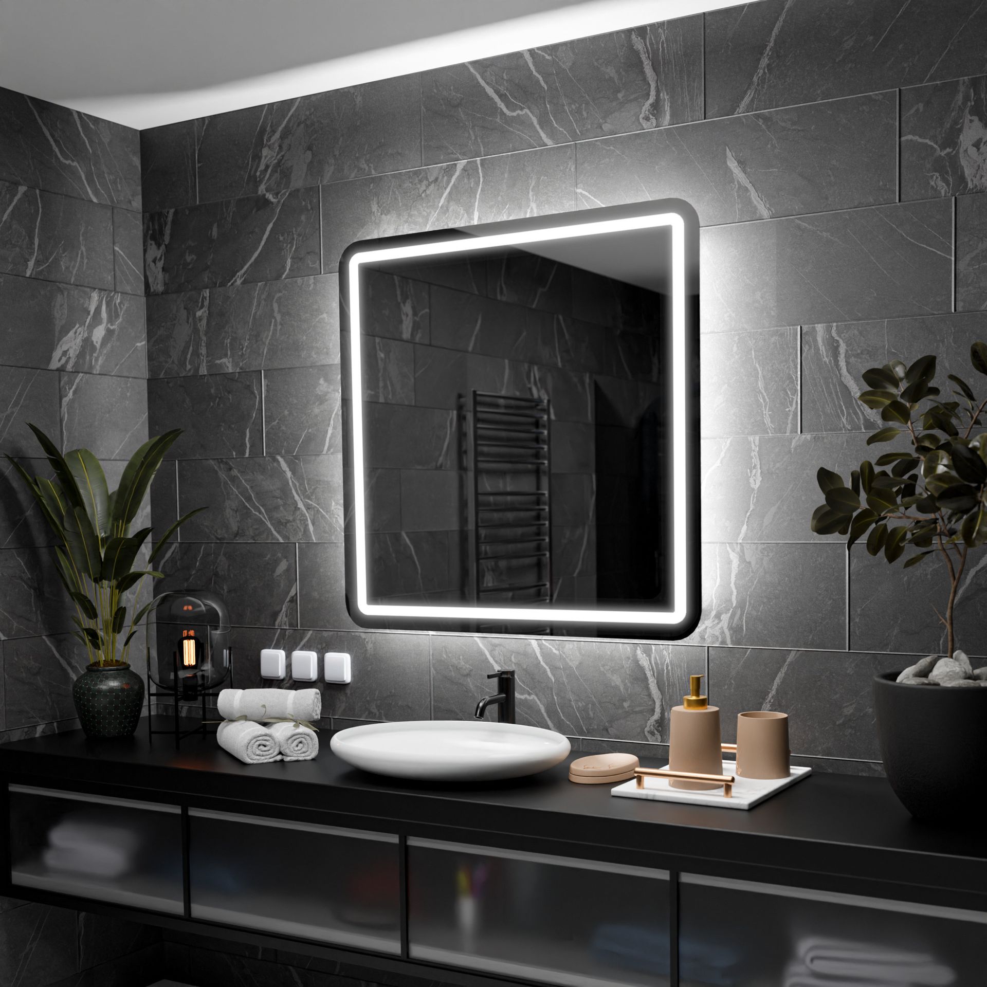 Prostokątne lustro łazienkowe z podświetleniem LED - Madrid - 60x60cm