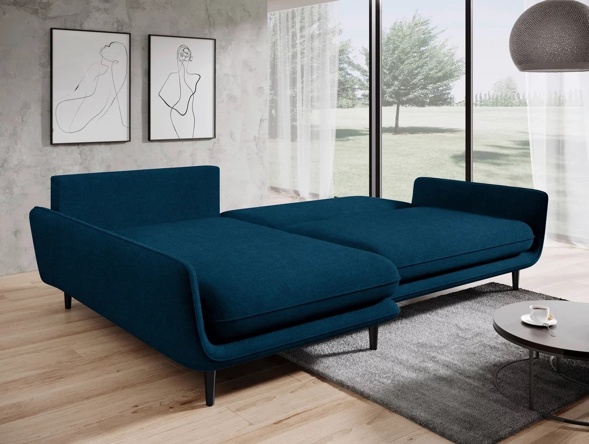 DOMO-HOME Narożnik z funkcją spania SOLANO - Elegancki skandynawski narożnik 260x167cm| Skrzynia na pościel i drewniane nóżki dla wygody i stylu Wysokiej jakości materiały Kolor niebieski Lewy