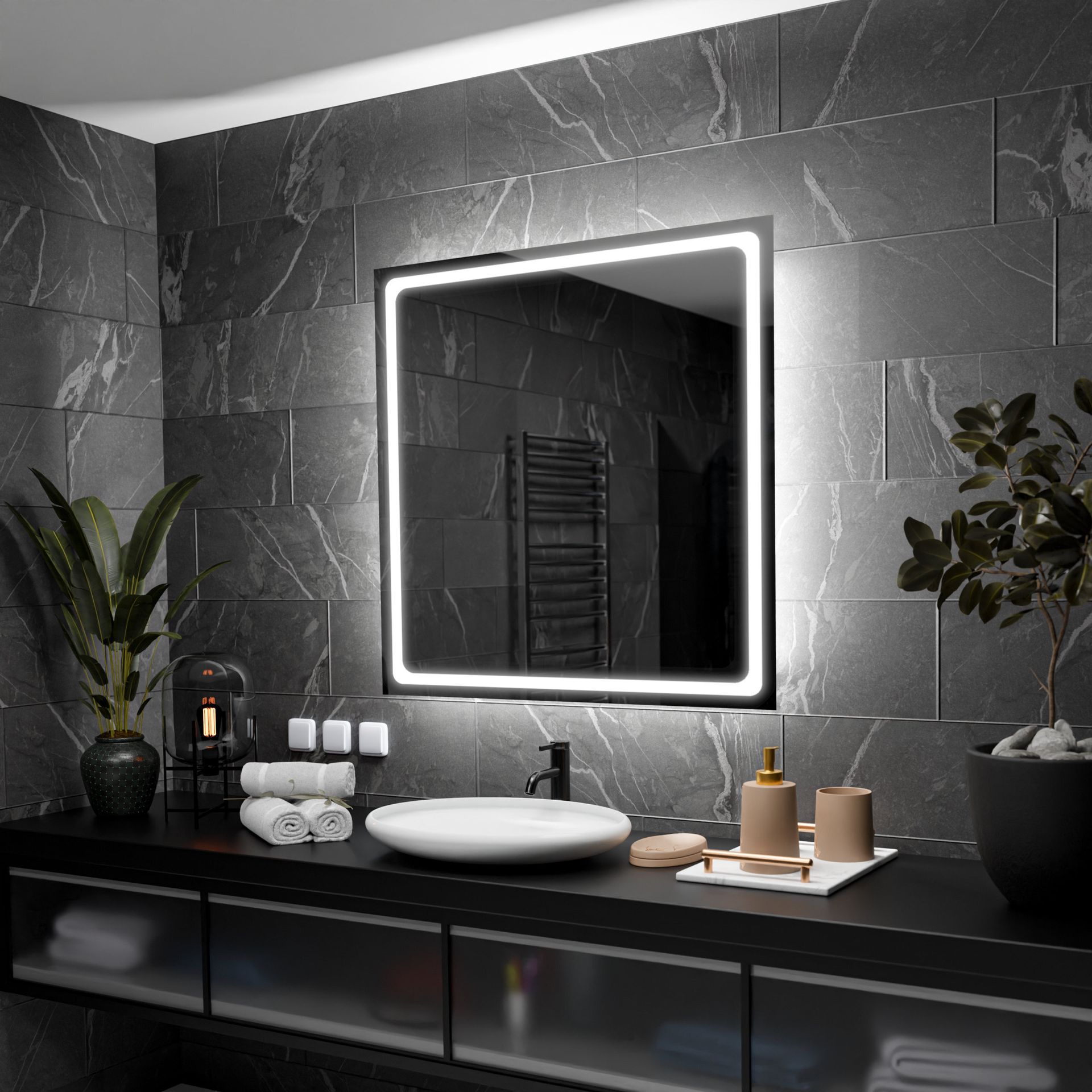 Prostokątne lustro łazienkowe z podświetleniem LED - Houston - 80x80cm