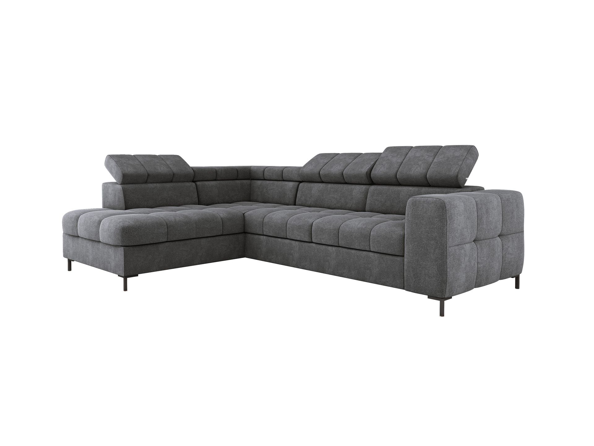 Nowoczesny narożnik PABLO 279x201 cm, rozkładana sofa z regulowanymi zagłówkami, pojemnik na pościel, stabilne metalowe nóżki, wysokiej jakości tkanina VOGUE w różnych kolorach, odpowiedni układ, kolor SZARY