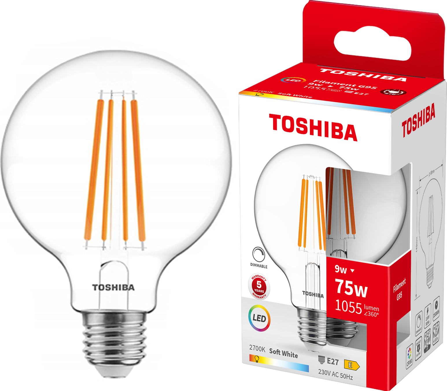Żarówka LED E27 G95 9W = 75W 1055lm 2700K Ciepła Filament Ściemnialna TOSHIBA
