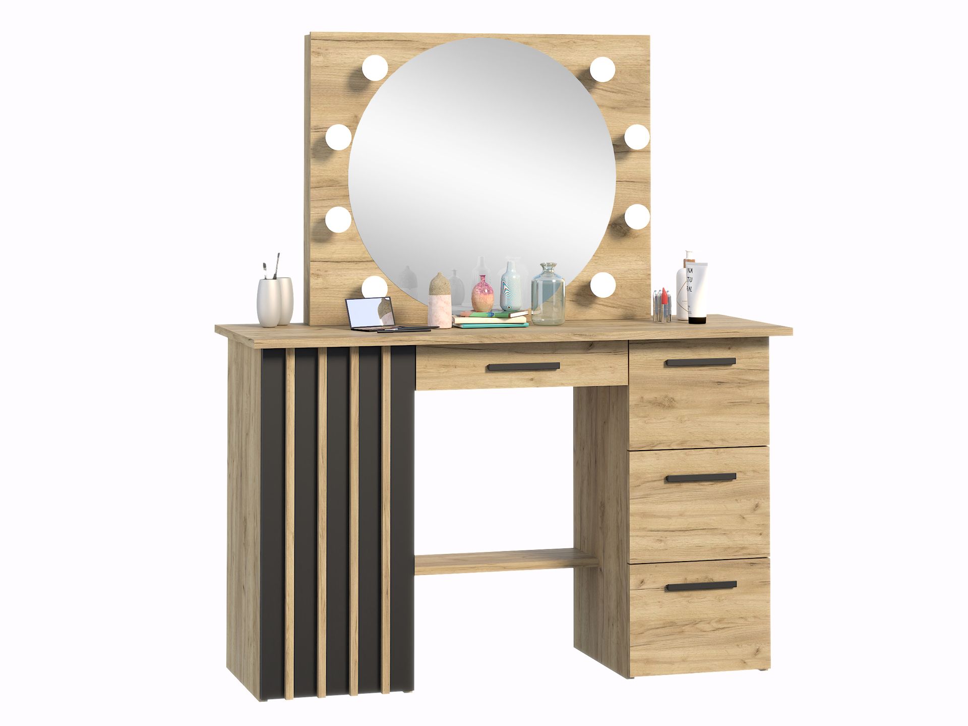 Meblowa1 toaletka z oświetleniem, MONTANA B120 8 żarówek LED, okrągłe lustro w stylu Hollywood, 4 szuflady, 1 zamykana szafka, w kolorze dębu craft,