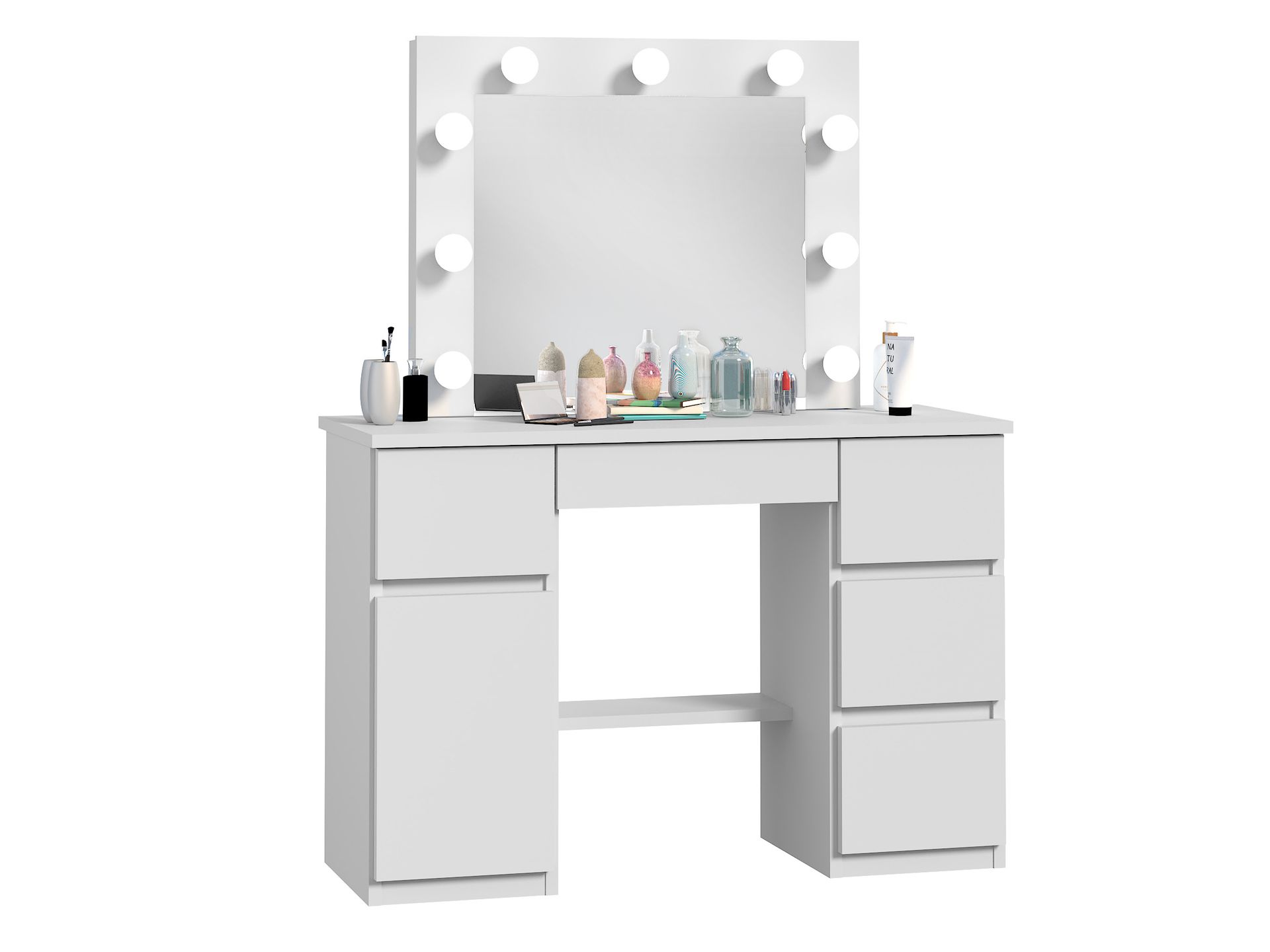 Meblowa1 toaletka z lustrem do makijażu, Hollywoodzkie lustro, OLIVIA 9 żarówek LED, 5 szuflad, zamykana szafka, kolor biały, nowoczesny styl,