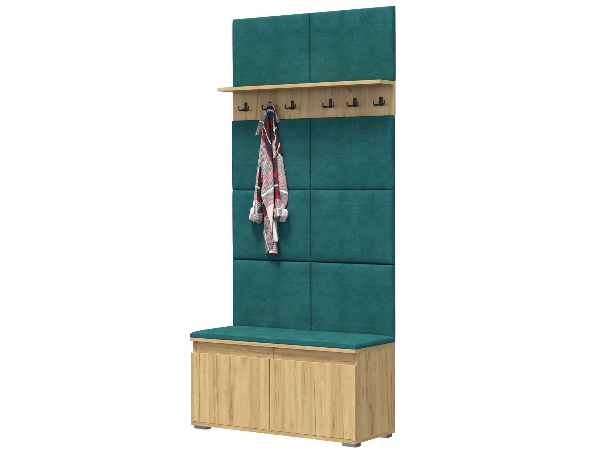 Zestaw Meblowa1 Szafka na buty z siedziskiem, panel ścienny i półka z 6 wieszakami, 8 paneli ściennych butelkowa zieleń, Craft, 100x214x37 cm, 45 kg